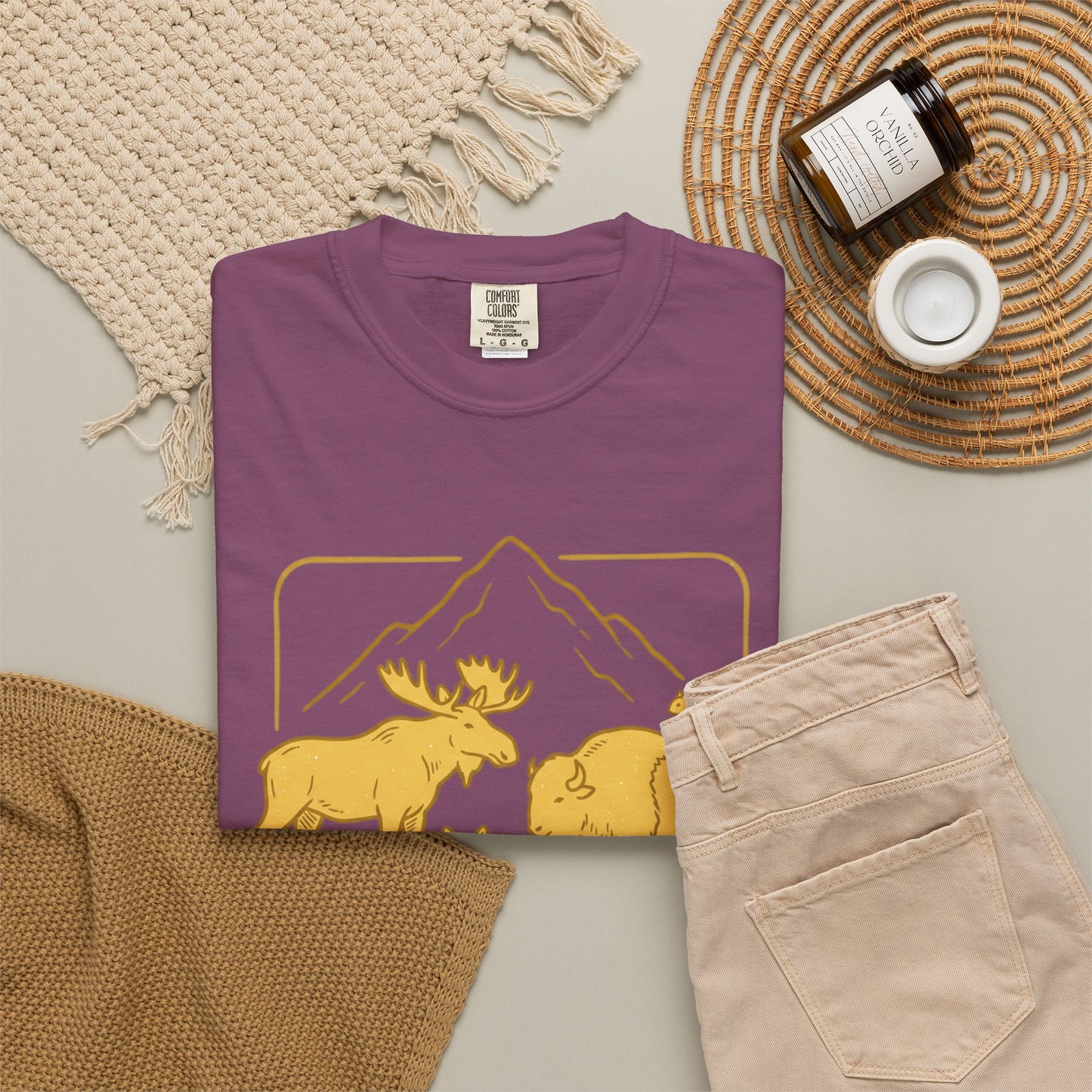 Wildlife Trio T-Shirt — Moose, Wolf & Bison Mountain Graphic