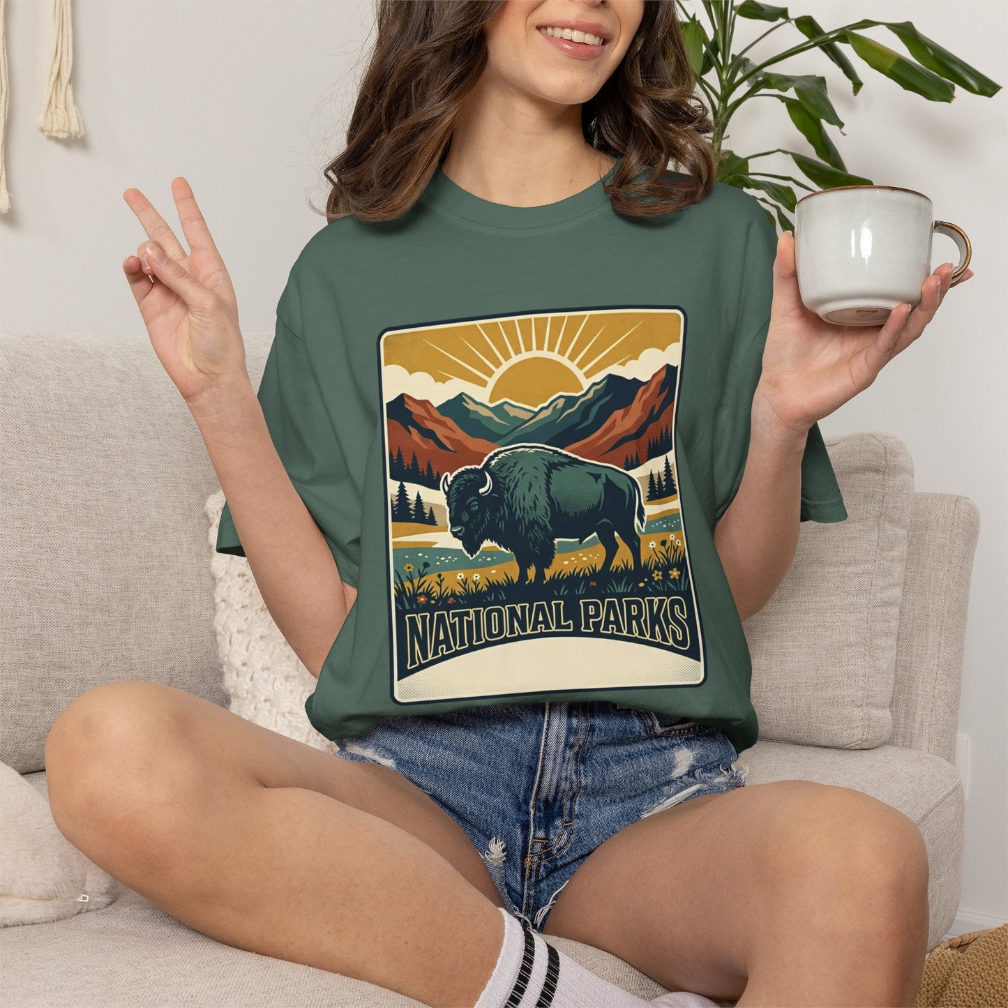 National Parks Buffalo T-Shirt — Retro Mountain Sunset Tee