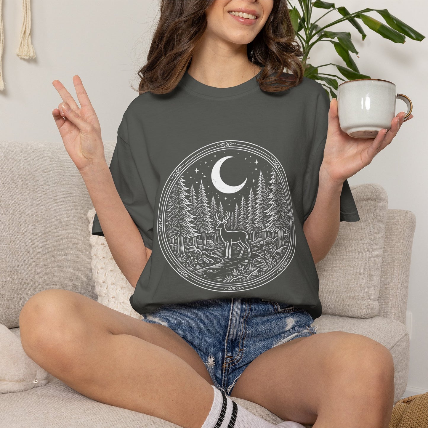 Moonlit Forest Deer T-Shirt — Rustic Night Sky Nature Graphic Tee