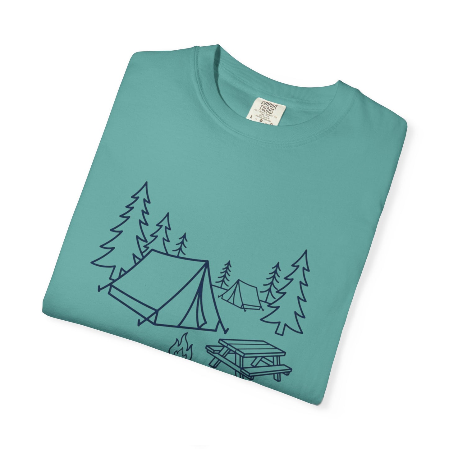 Camping Line Art T-Shirt — Tent, Campfire & Picnic Graphic Tee