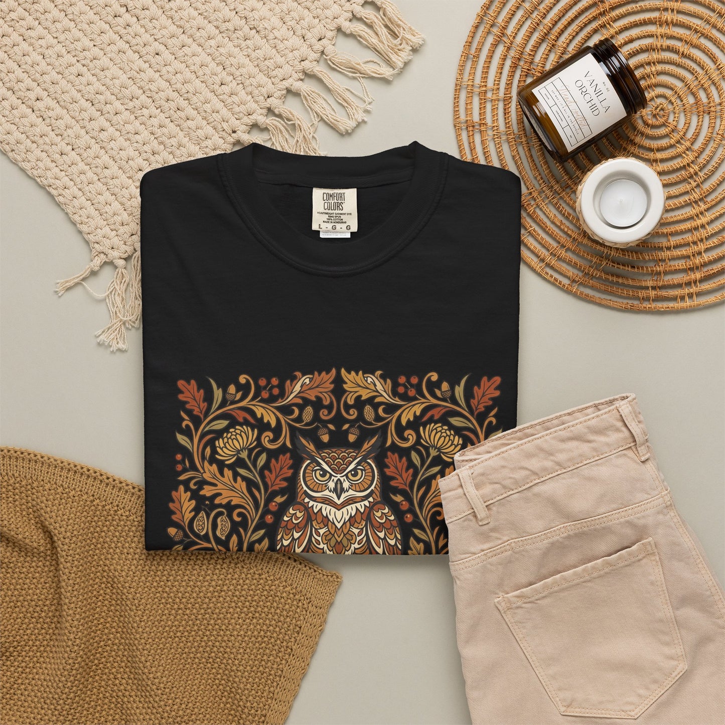 Vintage Floral Owl T-Shirt — Autumn Folk Art Graphic Tee