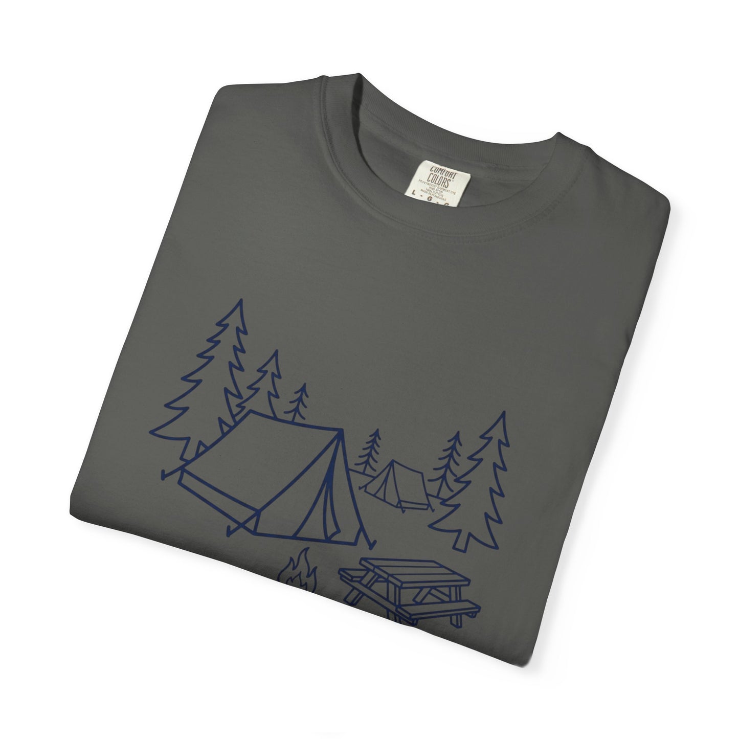 Camping Line Art T-Shirt — Tent, Campfire & Picnic Graphic Tee