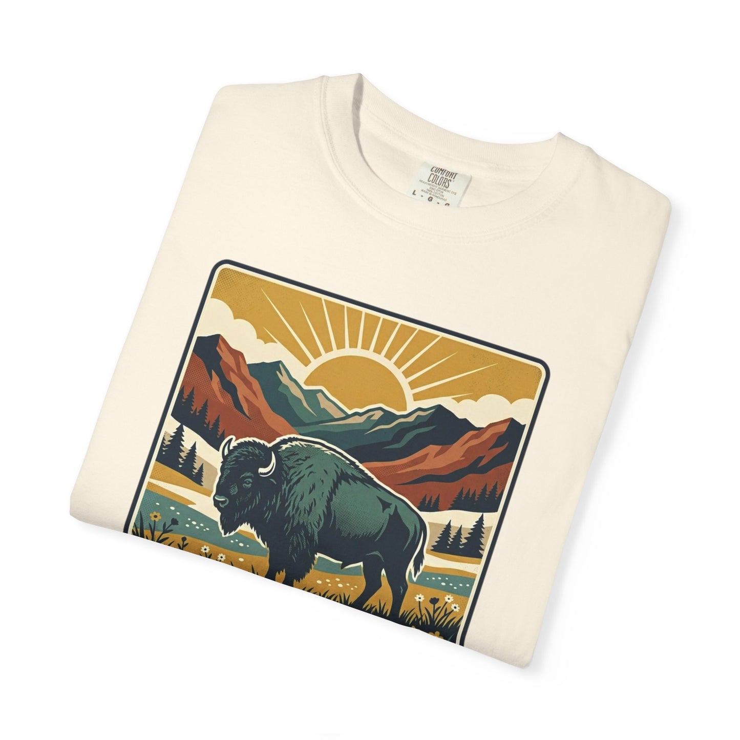 National Parks Buffalo T-Shirt — Retro Mountain Sunset Tee