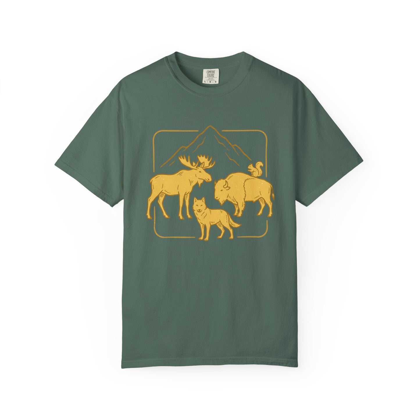 Wildlife Trio T-Shirt — Moose, Wolf & Bison Mountain Graphic
