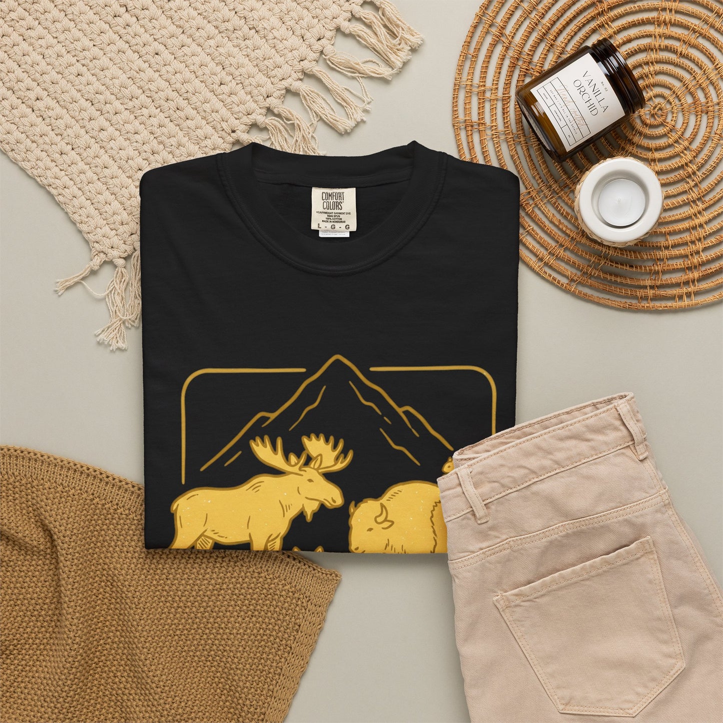 Wildlife Trio T-Shirt — Moose, Wolf & Bison Mountain Graphic
