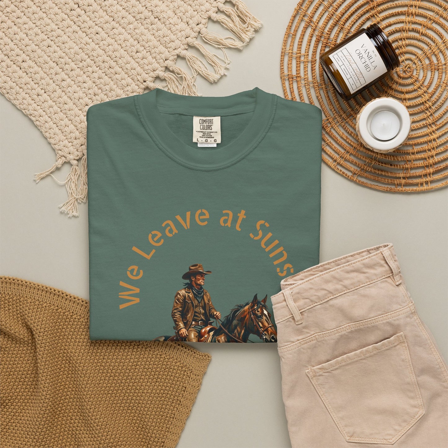 Cowboy at Sunset T-Shirt — "We Leave at Sunset" Western Horse Tee