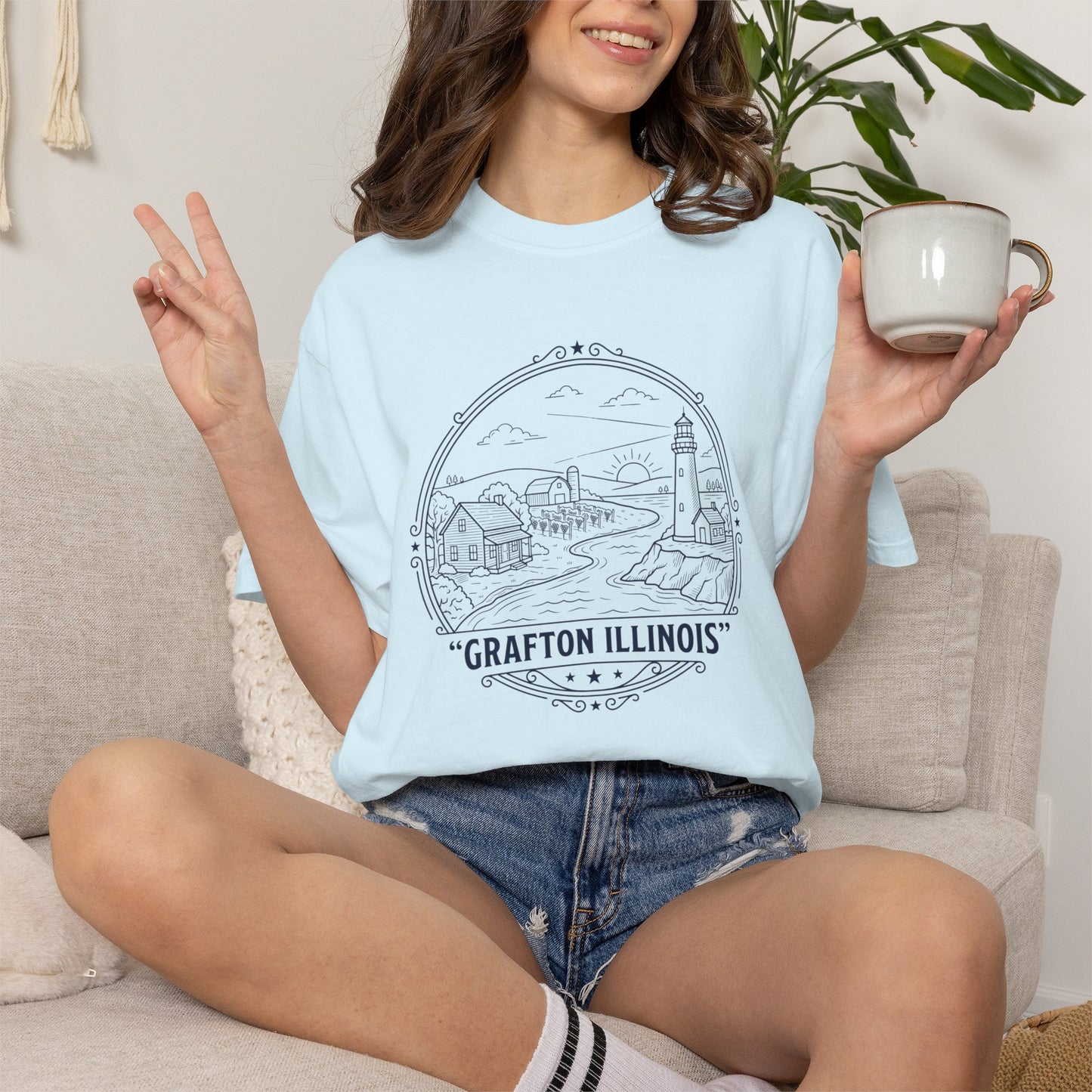 Grafton Illinois Scenic T-Shirt — Vintage Lighthouse River Illustration