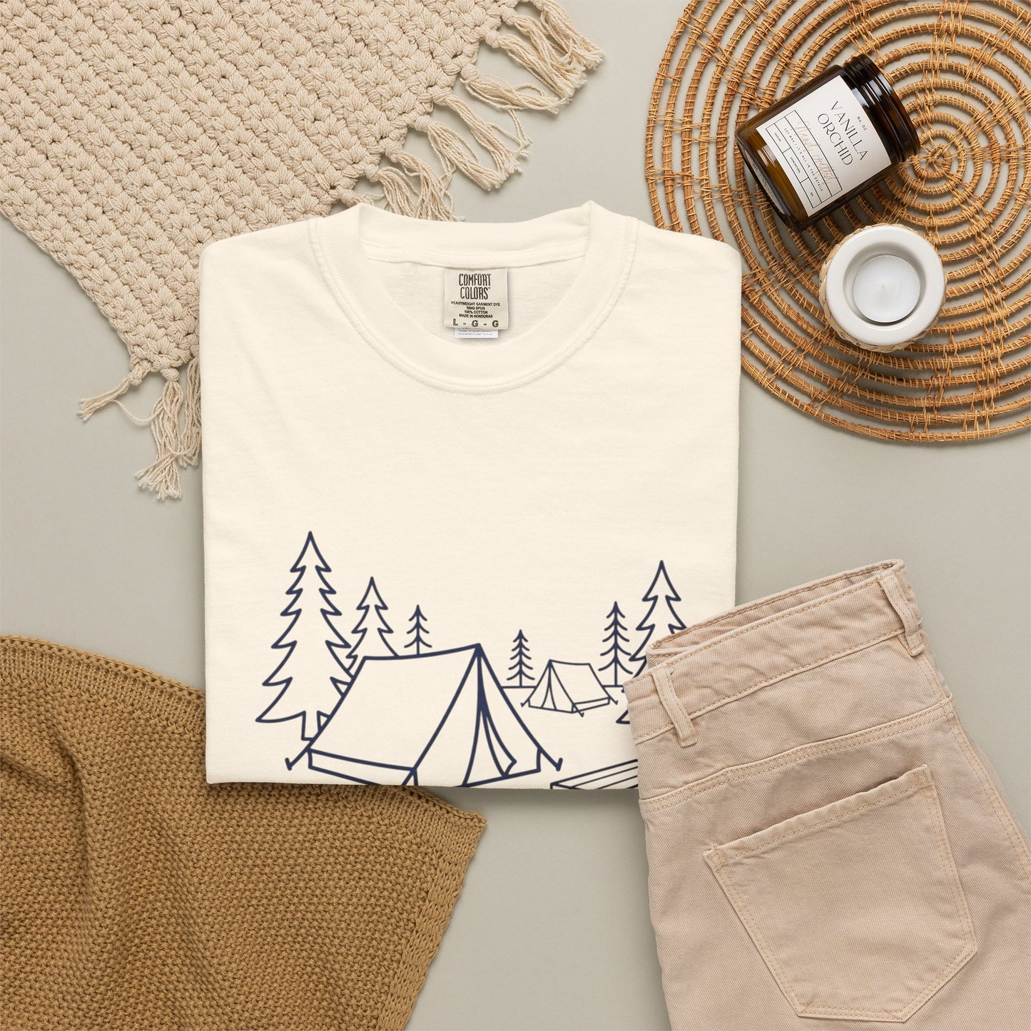 Camping Line Art T-Shirt — Tent, Campfire & Picnic Graphic Tee