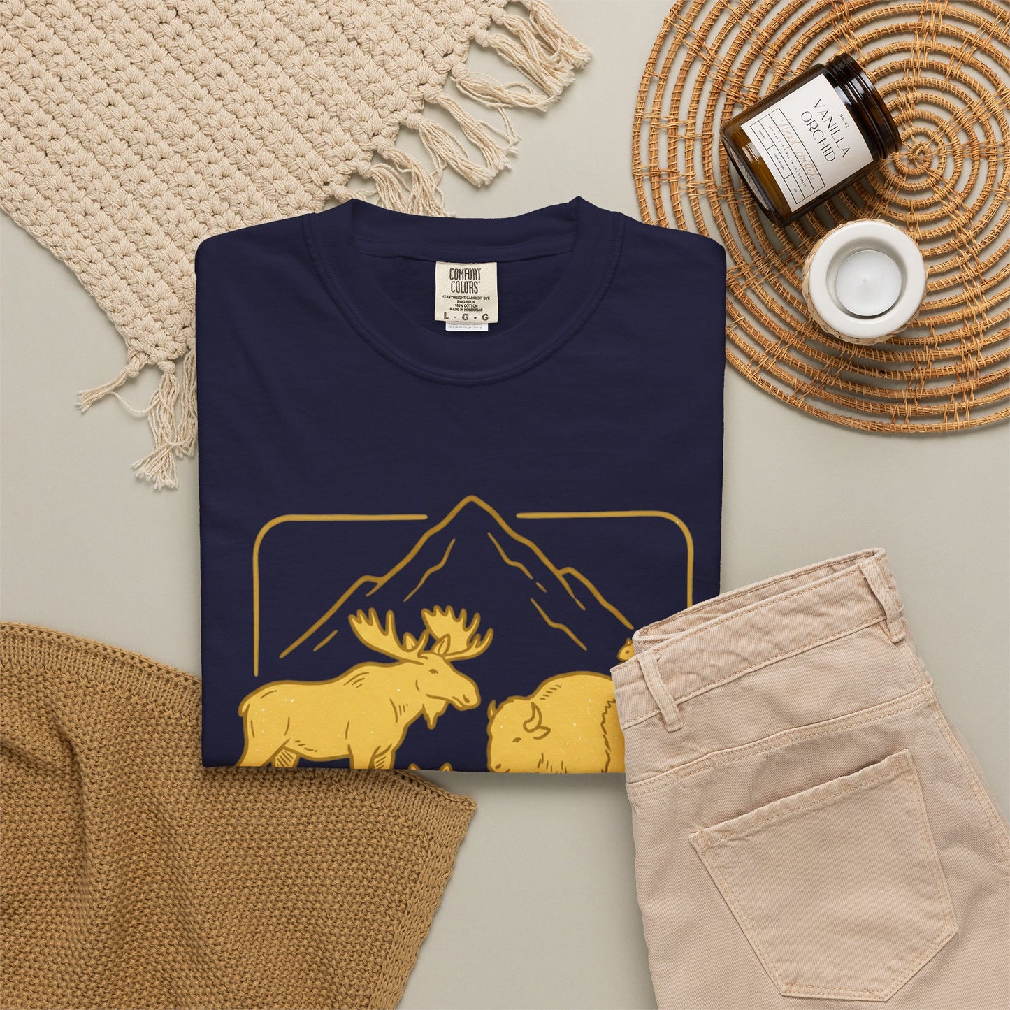Wildlife Trio T-Shirt — Moose, Wolf & Bison Mountain Graphic