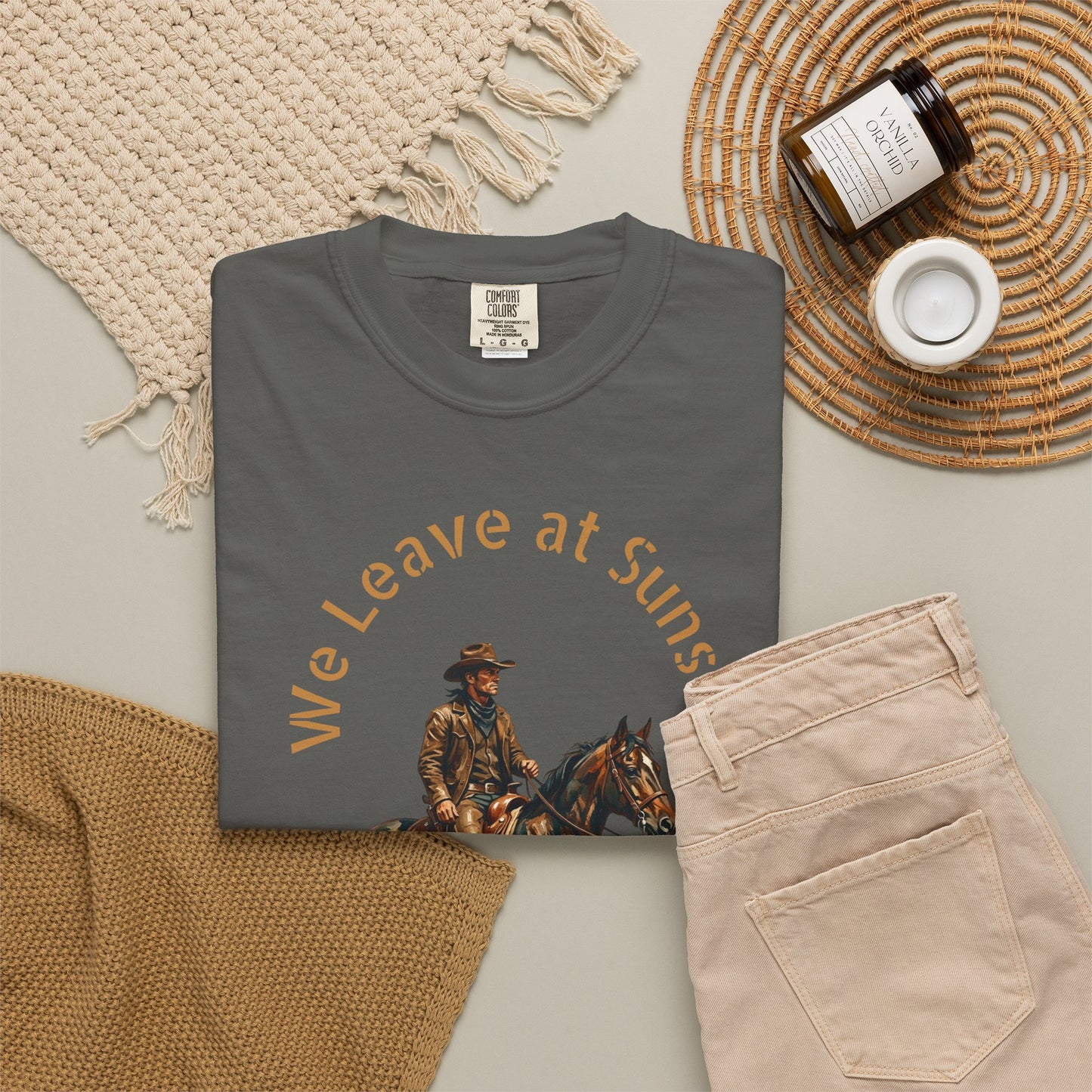 Cowboy at Sunset T-Shirt — "We Leave at Sunset" Western Horse Tee