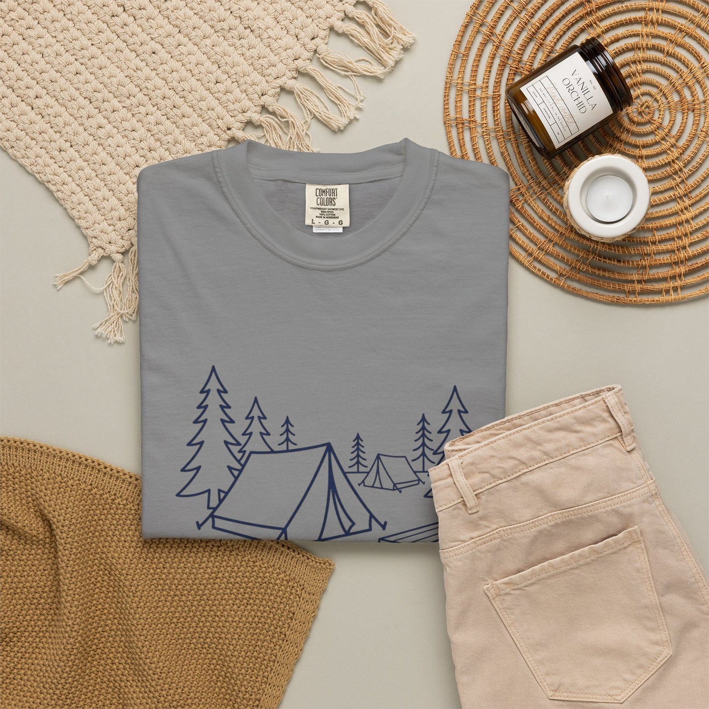 Camping Line Art T-Shirt — Tent, Campfire & Picnic Graphic Tee