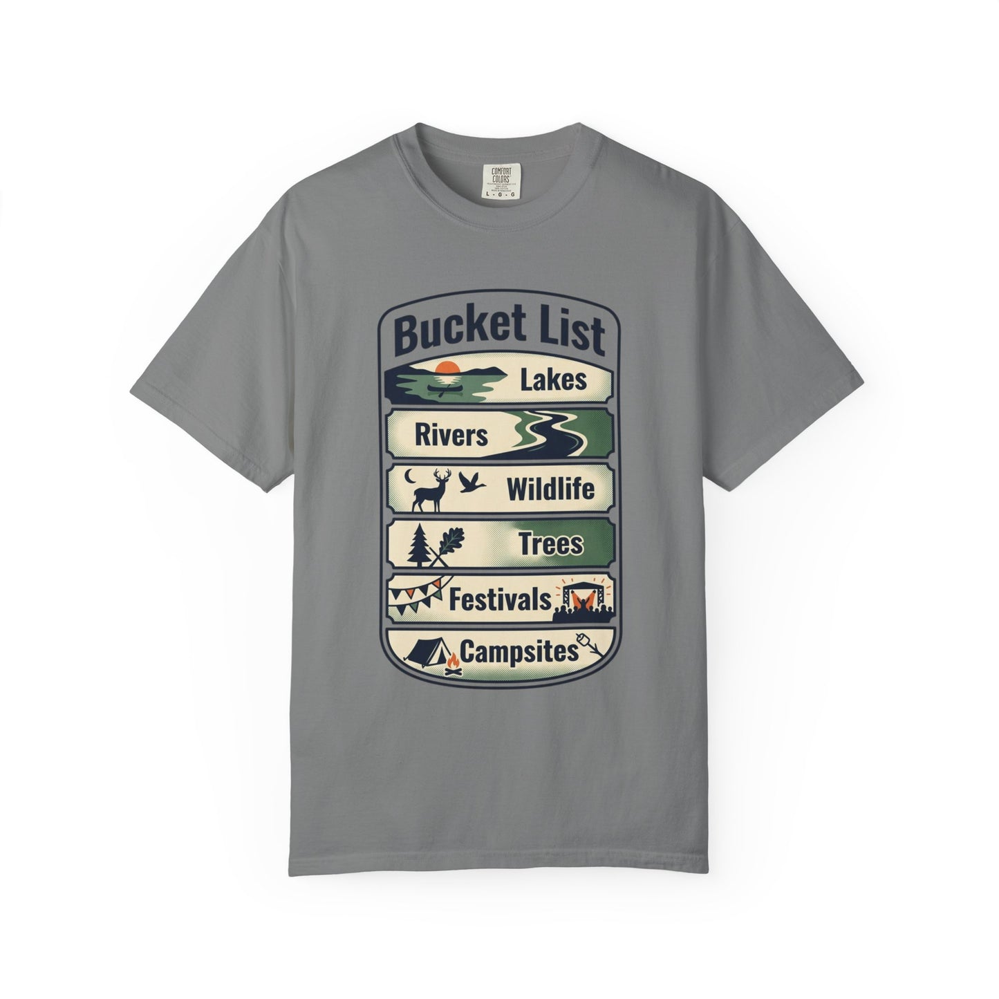 Bucket List Outdoors T‑Shirt — Lakes, Rivers, Wildlife, Trees, Festivals & Campsites