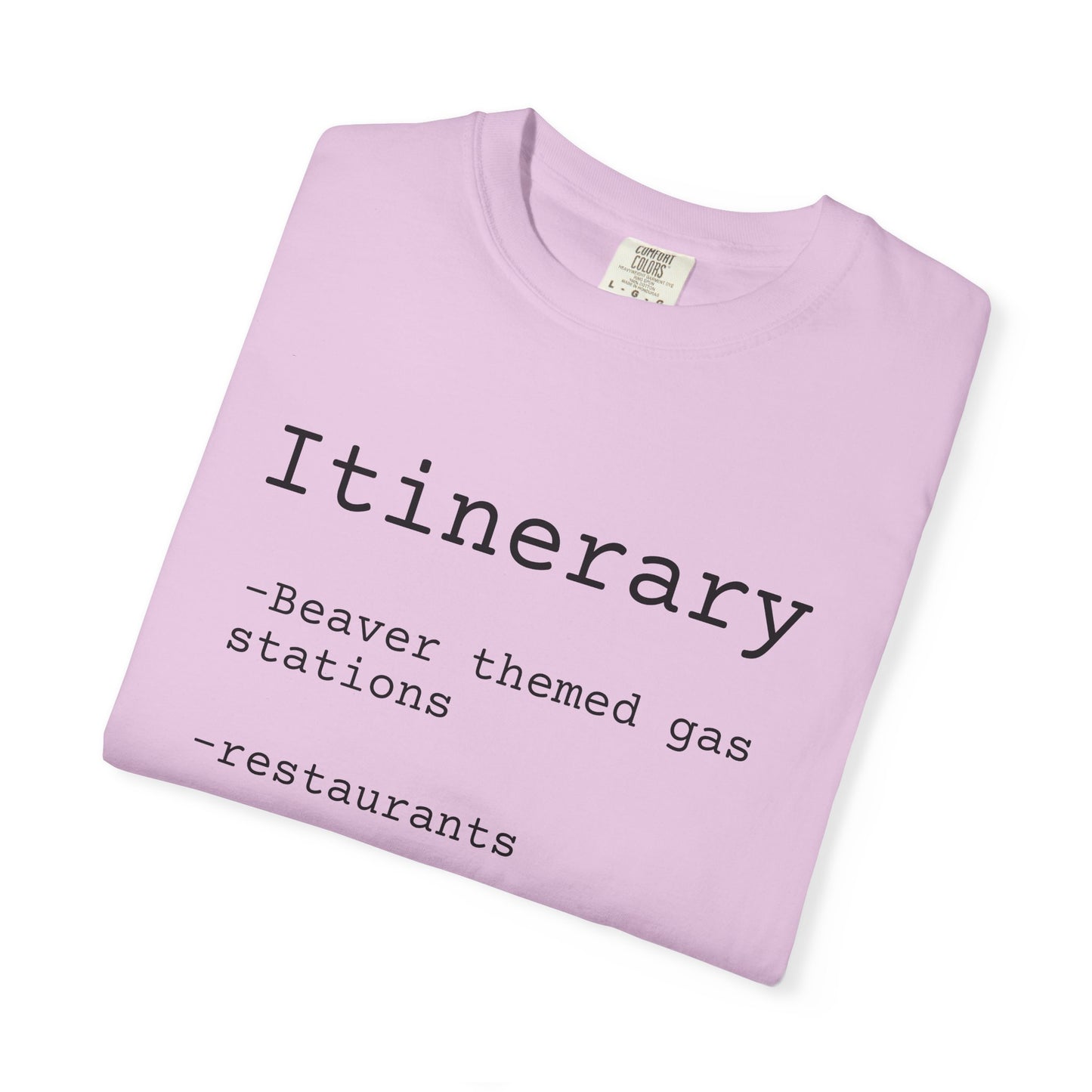 Itinerary Tee — Travel Humor T-Shirt with 'Beaver themed gas stations' List