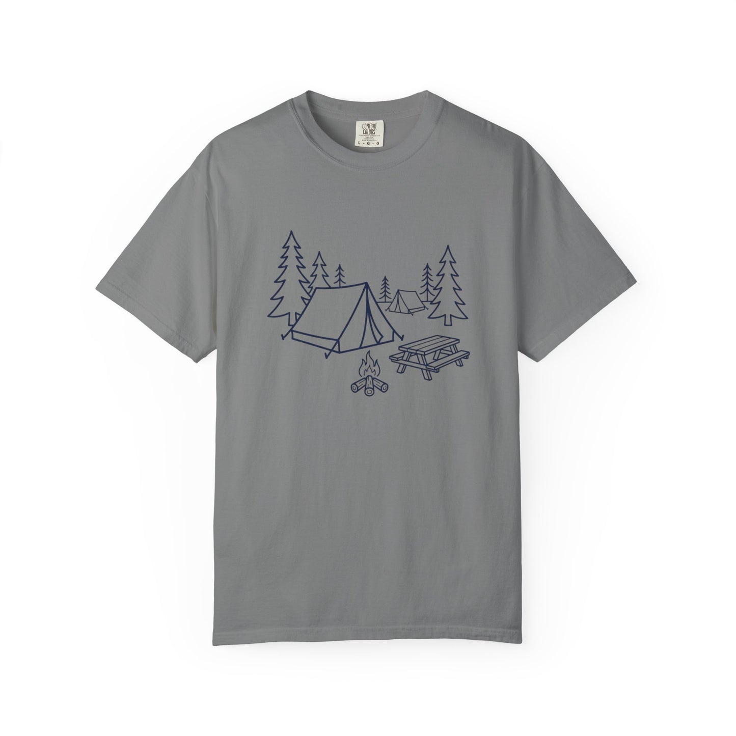 Camping Line Art T-Shirt — Tent, Campfire & Picnic Graphic Tee