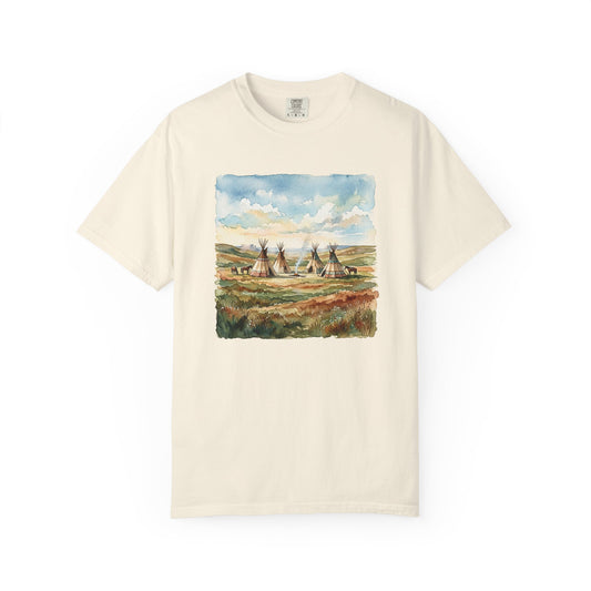 Prairie Tee with Teepee Landscape Print — Vintage Nature Graphic T-Shirt