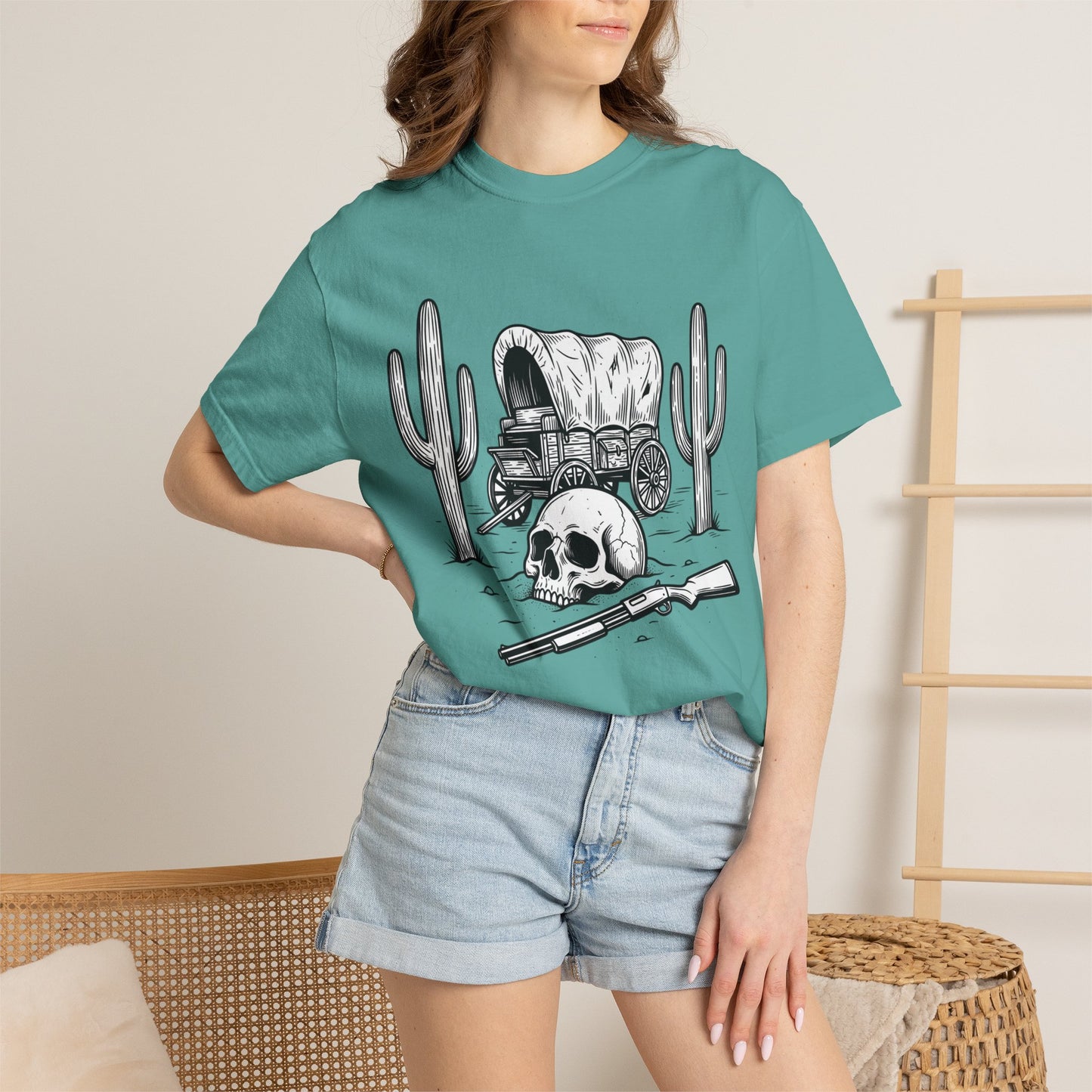 Western Skull & Wagon T-Shirt — Desert Cactus Graphic Tee