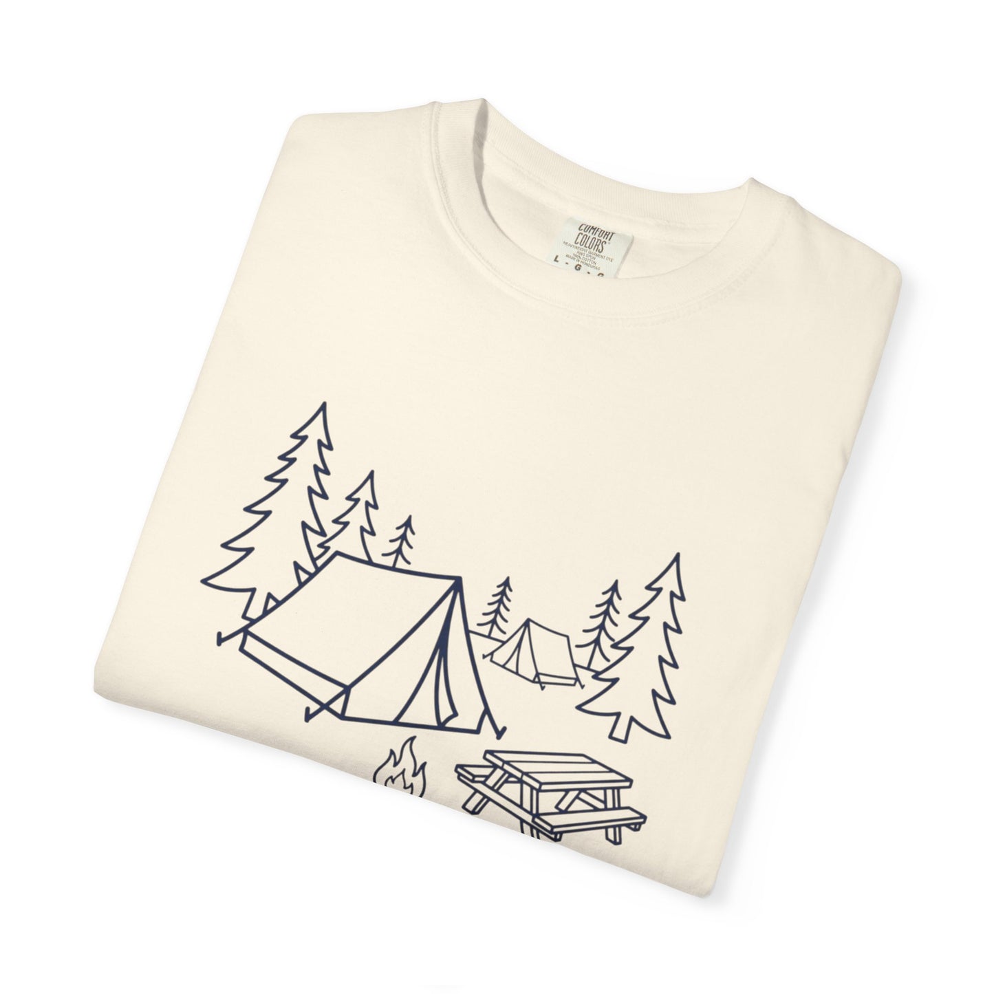 Camping Line Art T-Shirt — Tent, Campfire & Picnic Graphic Tee