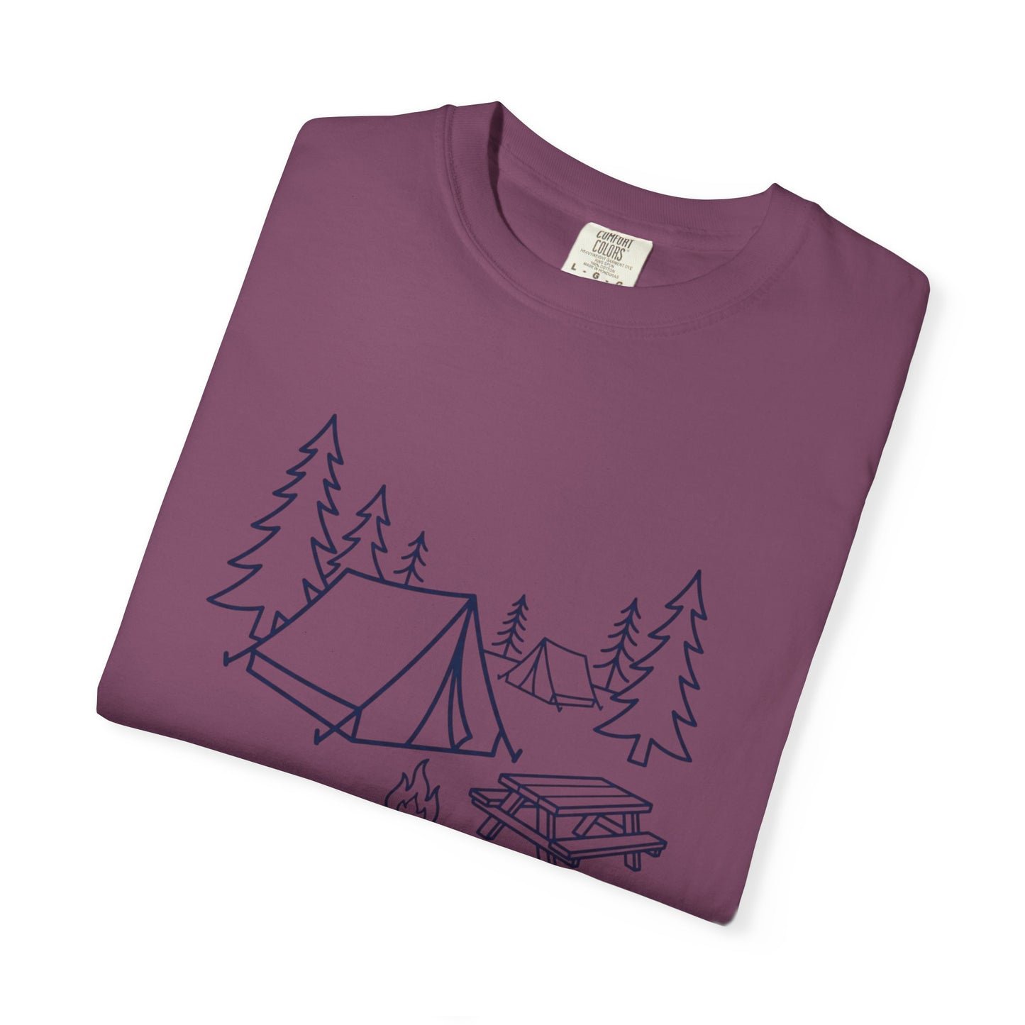 Camping Line Art T-Shirt — Tent, Campfire & Picnic Graphic Tee