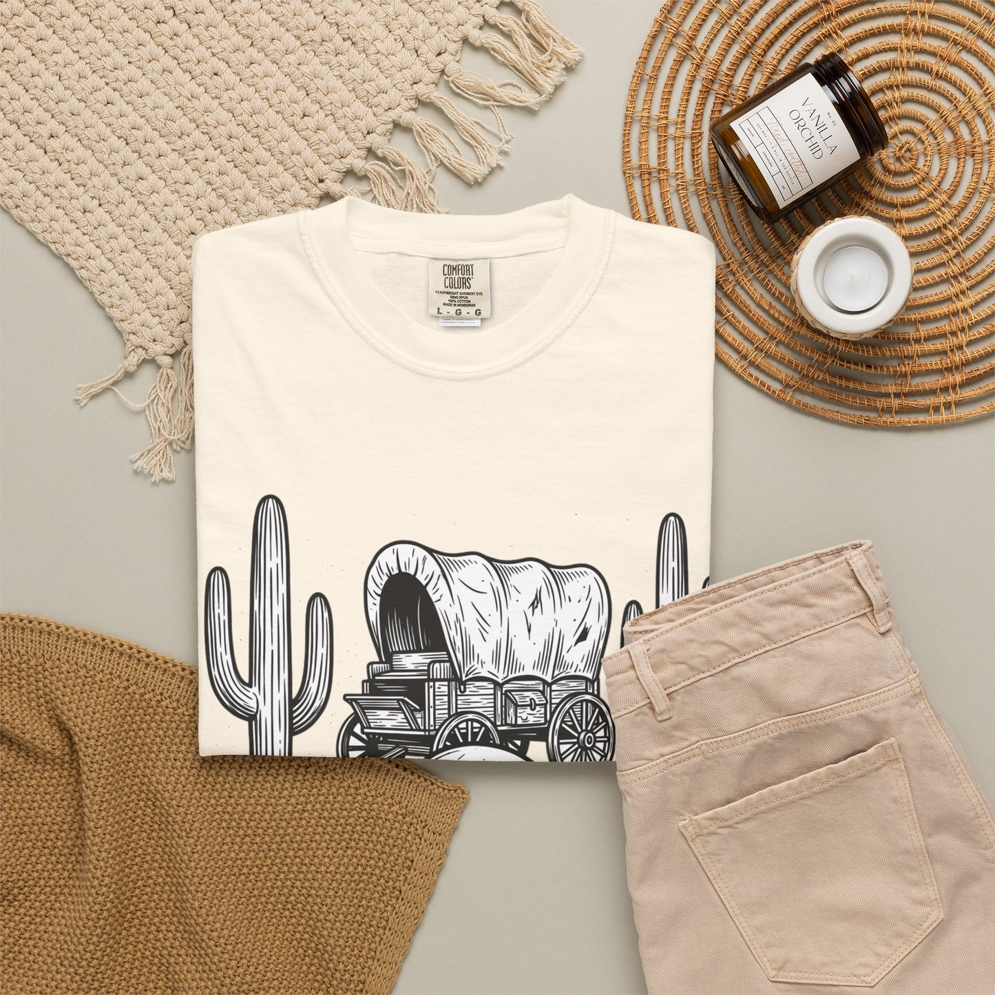 Western Skull & Wagon T-Shirt — Desert Cactus Graphic Tee
