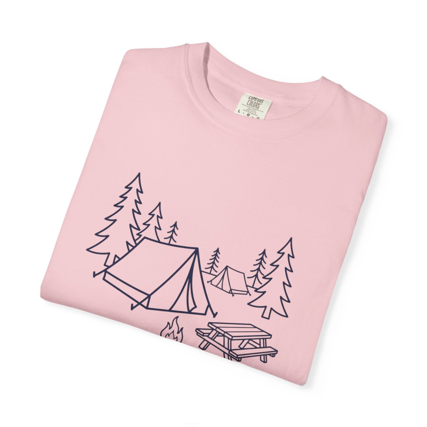 Camping Line Art T-Shirt — Tent, Campfire & Picnic Graphic Tee