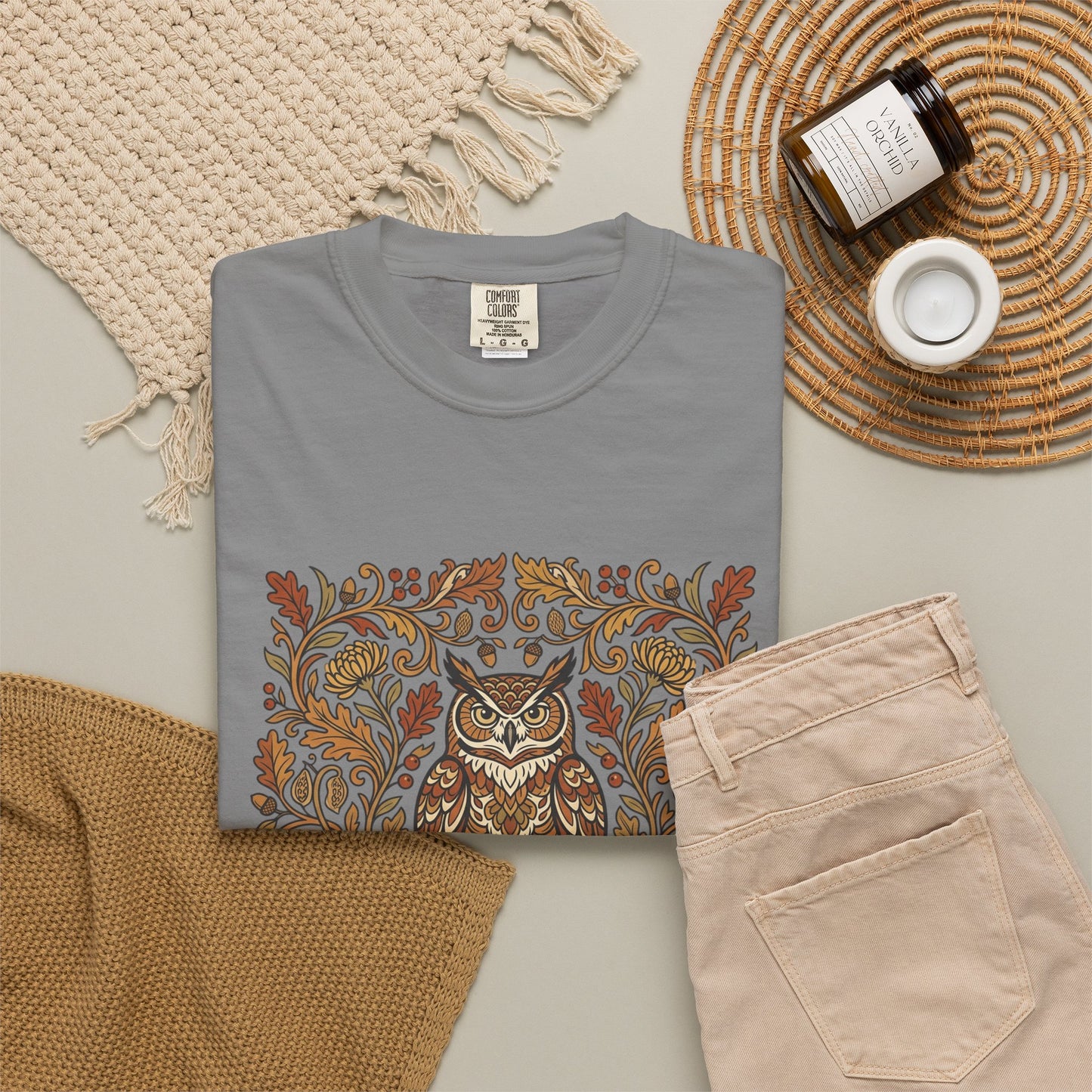 Vintage Floral Owl T-Shirt — Autumn Folk Art Graphic Tee