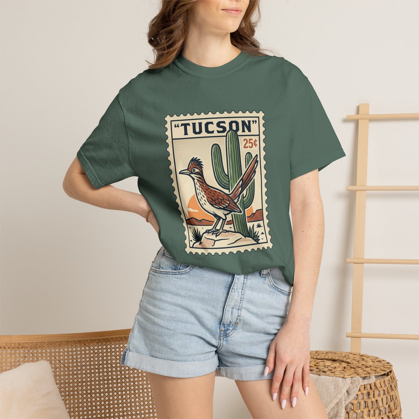 Tucson Roadrunner Stamp T-Shirt — Desert Cactus Vintage Travel Tee