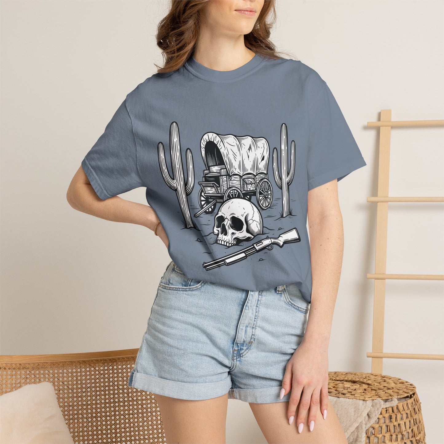 Western Skull & Wagon T-Shirt — Desert Cactus Graphic Tee