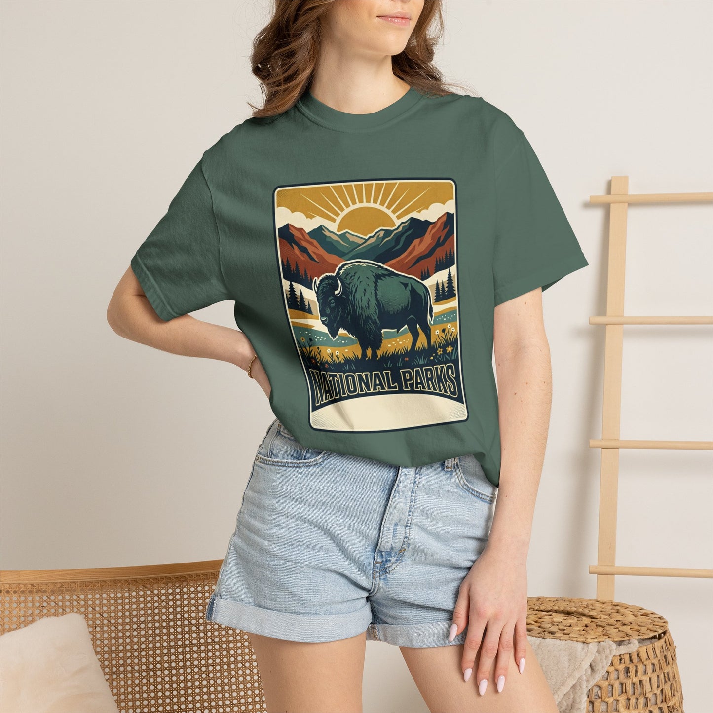 National Parks Buffalo T-Shirt — Retro Mountain Sunset Tee