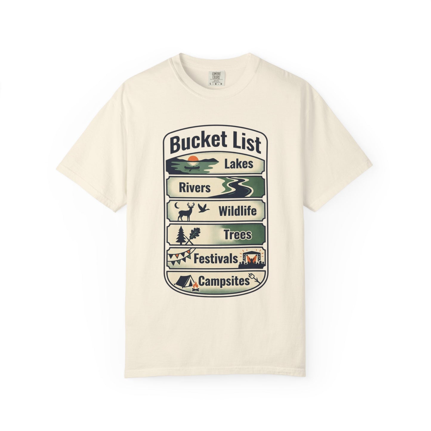 Bucket List Outdoors T‑Shirt — Lakes, Rivers, Wildlife, Trees, Festivals & Campsites
