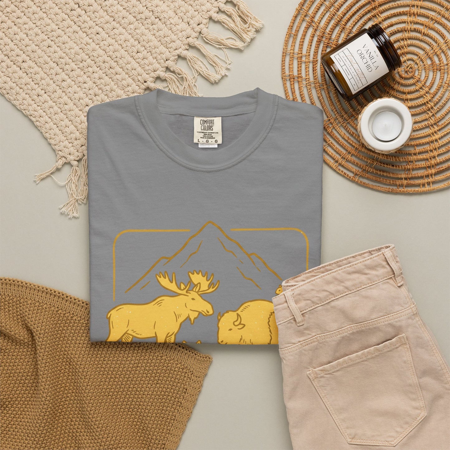 Wildlife Trio T-Shirt — Moose, Wolf & Bison Mountain Graphic