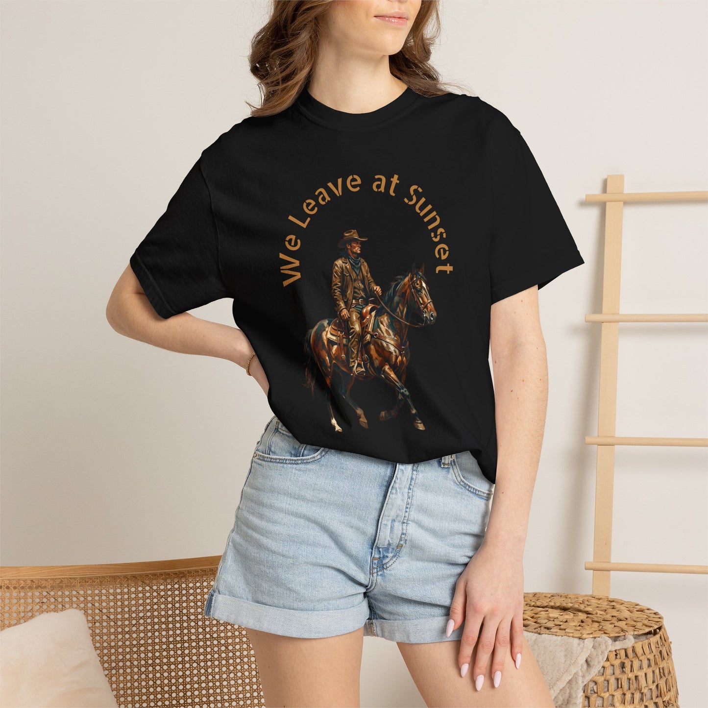 Cowboy at Sunset T-Shirt — "We Leave at Sunset" Western Horse Tee