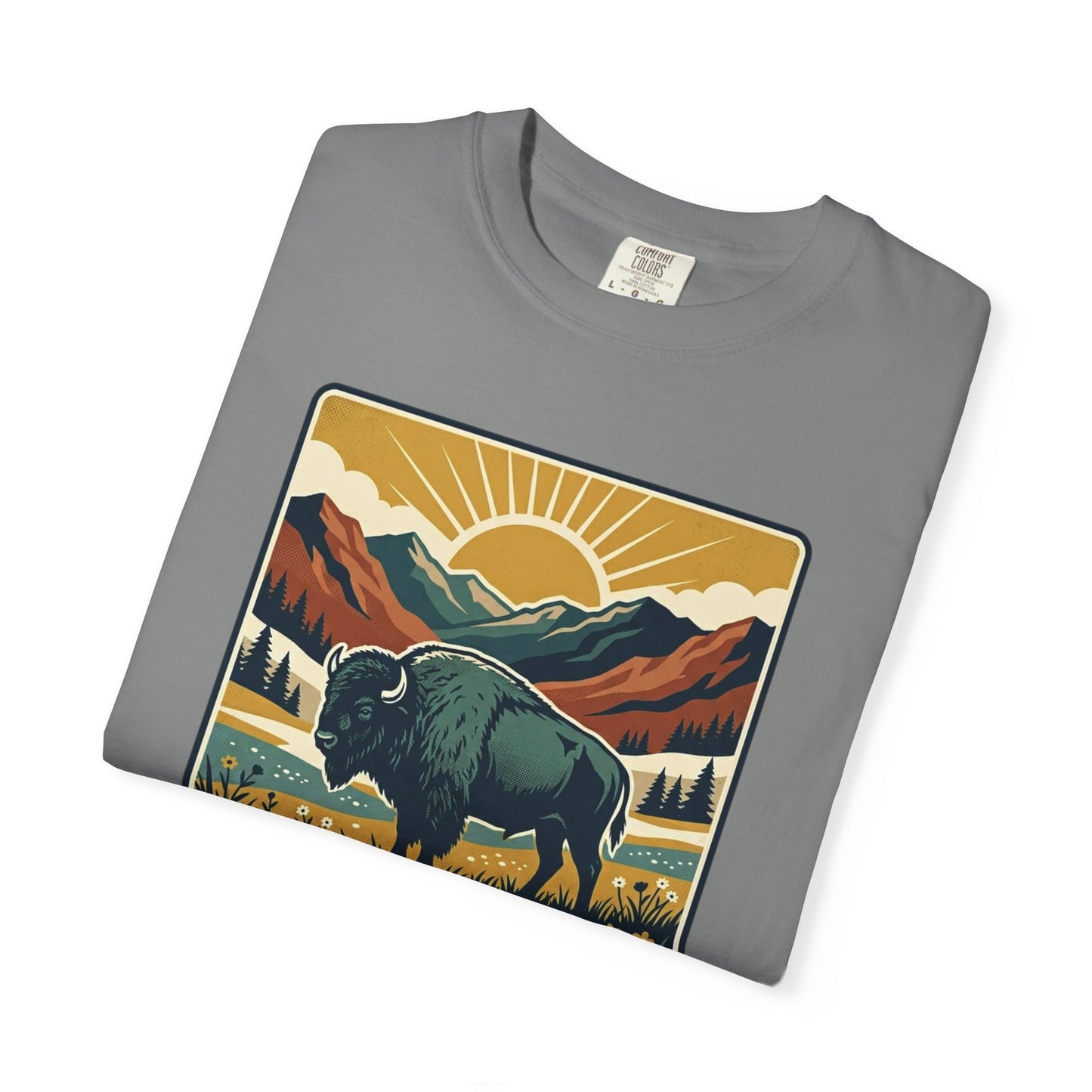 National Parks Buffalo T-Shirt — Retro Mountain Sunset Tee