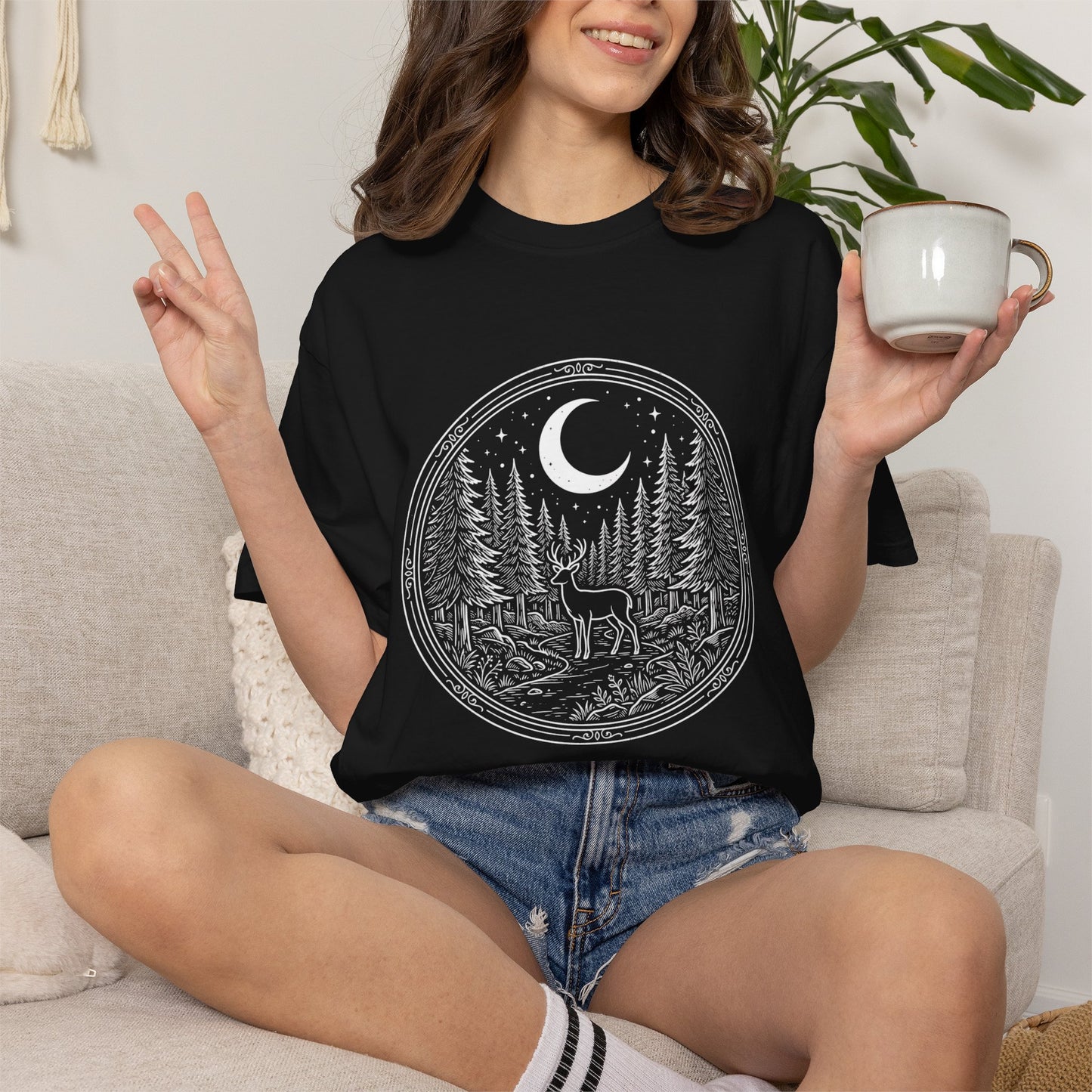Moonlit Forest Deer T-Shirt — Rustic Night Sky Nature Graphic Tee
