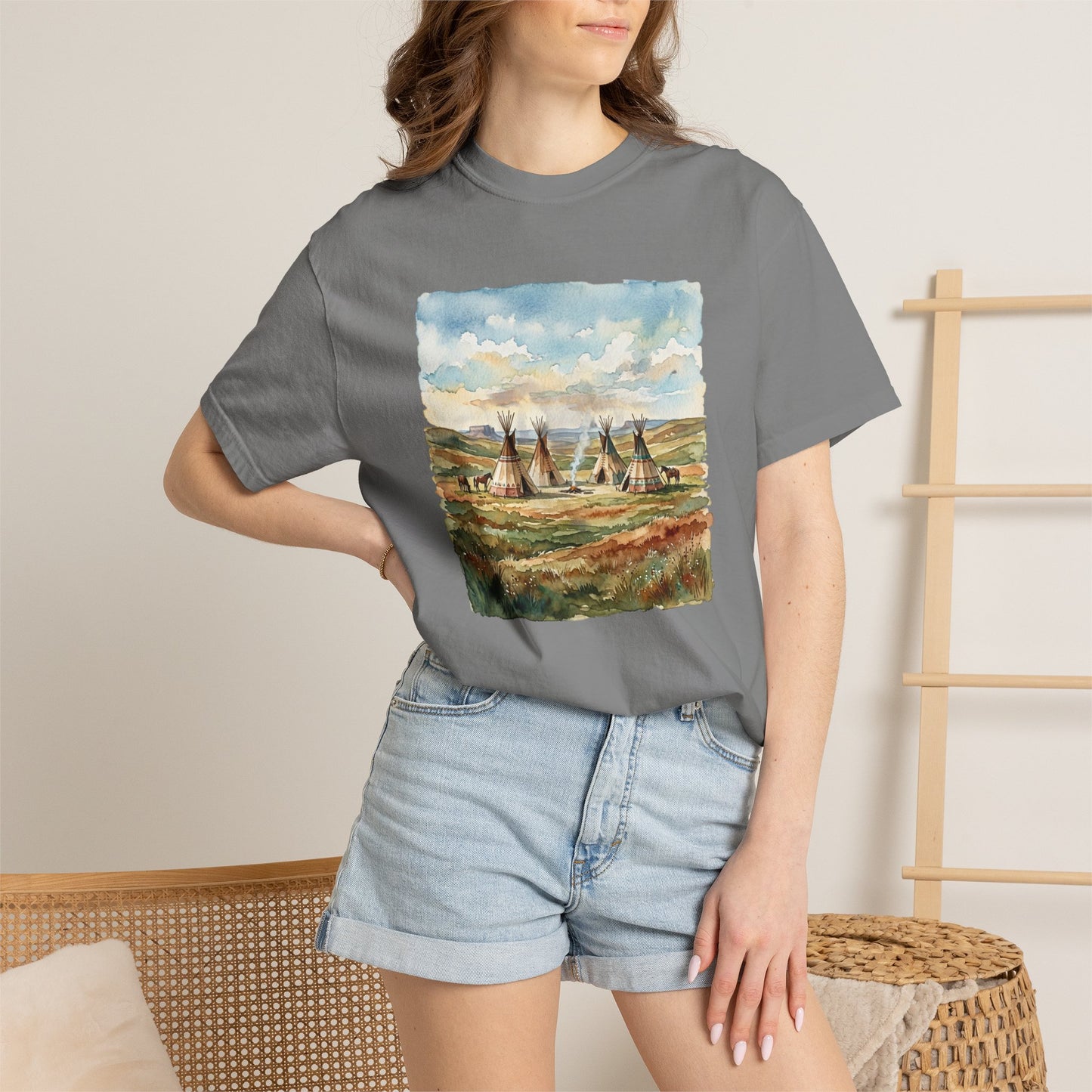 Prairie Tee with Teepee Landscape Print — Vintage Nature Graphic T-Shirt
