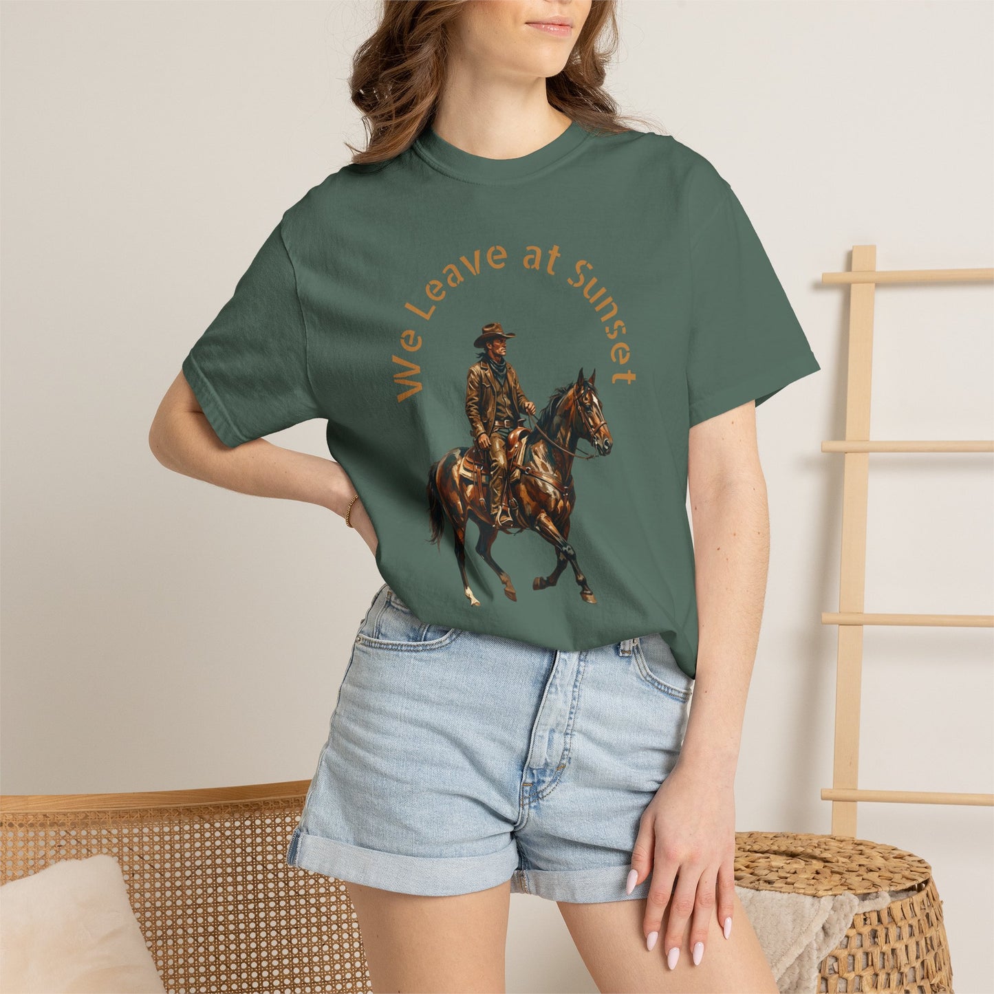 Cowboy at Sunset T-Shirt — "We Leave at Sunset" Western Horse Tee