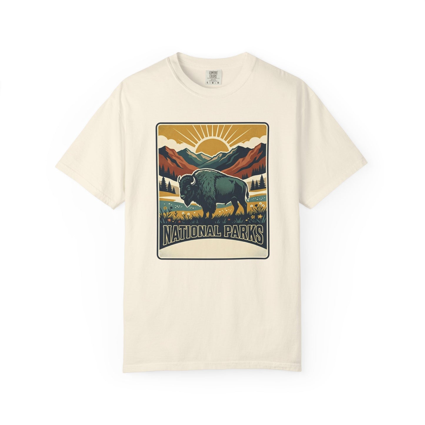 National Parks Buffalo T-Shirt — Retro Mountain Sunset Tee