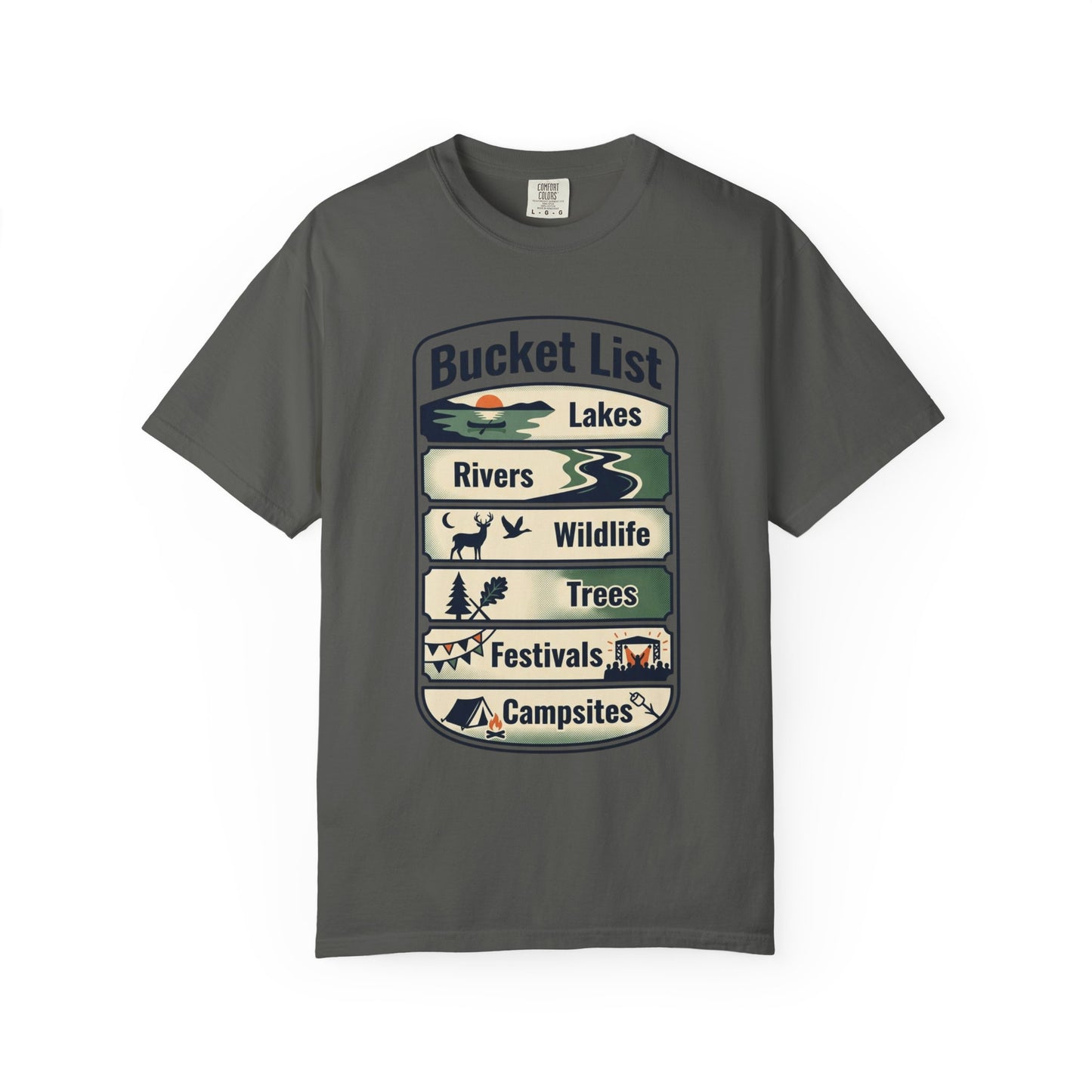 Bucket List Outdoors T‑Shirt — Lakes, Rivers, Wildlife, Trees, Festivals & Campsites