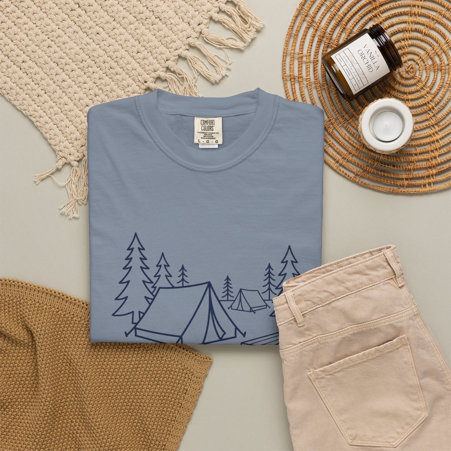 Camping Line Art T-Shirt — Tent, Campfire & Picnic Graphic Tee