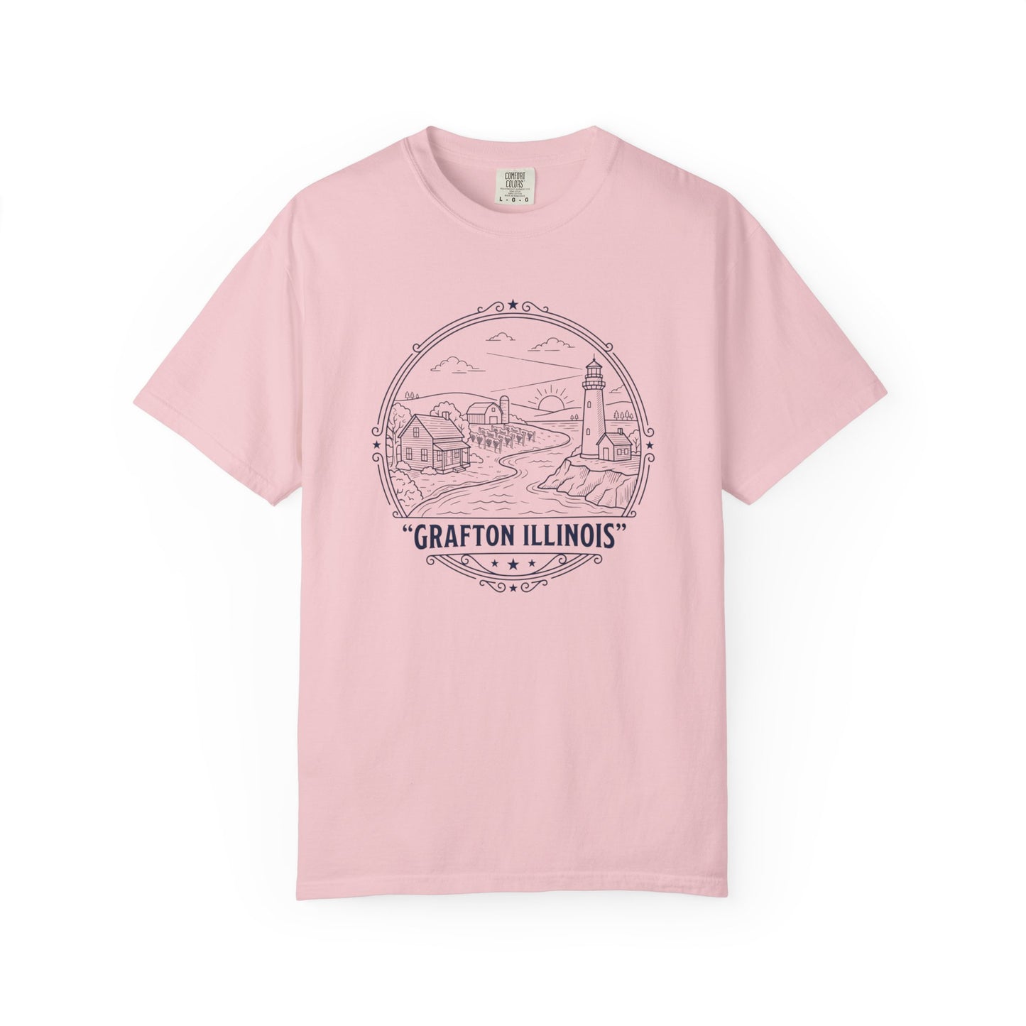 Grafton Illinois Scenic T-Shirt — Vintage Lighthouse River Illustration