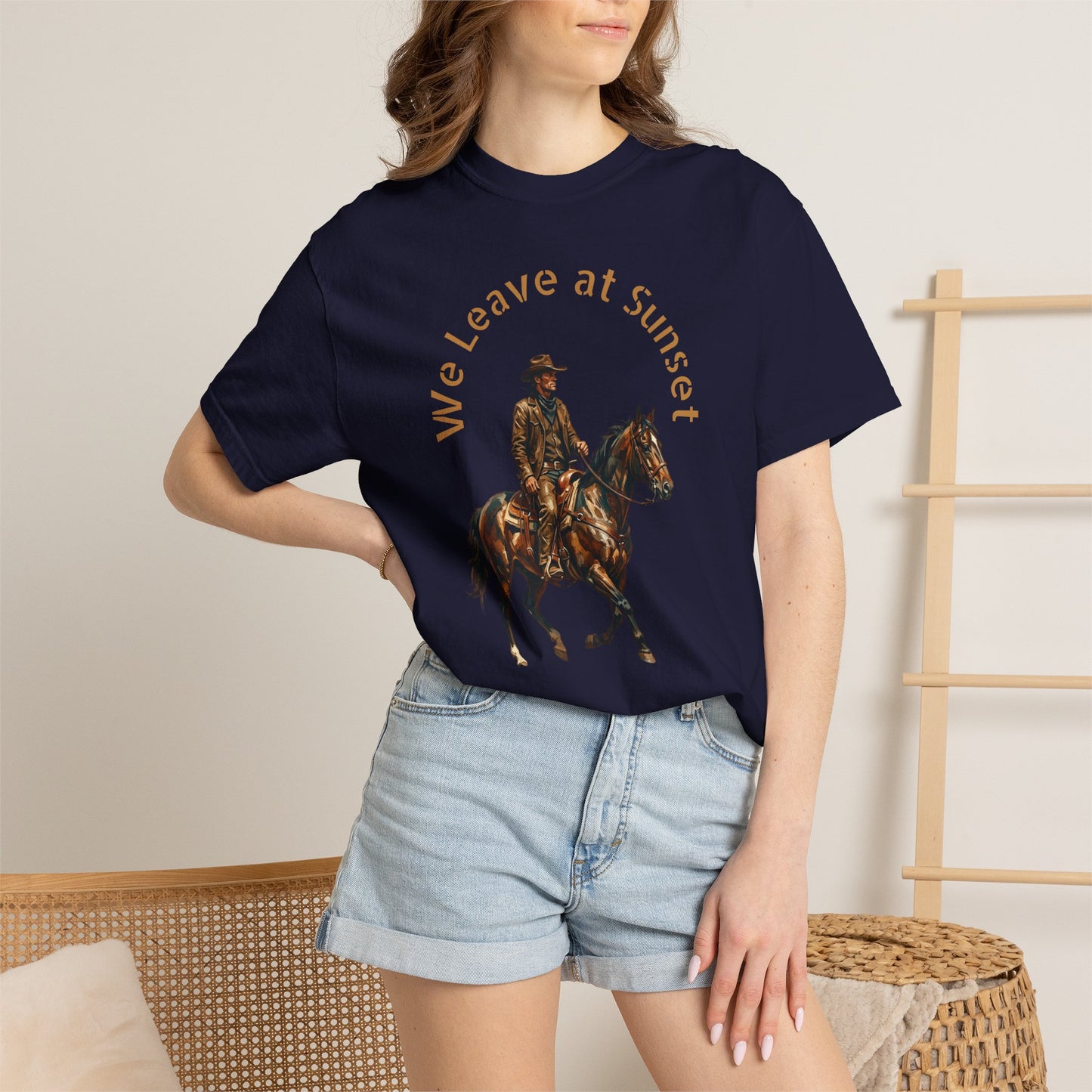Cowboy at Sunset T-Shirt — "We Leave at Sunset" Western Horse Tee
