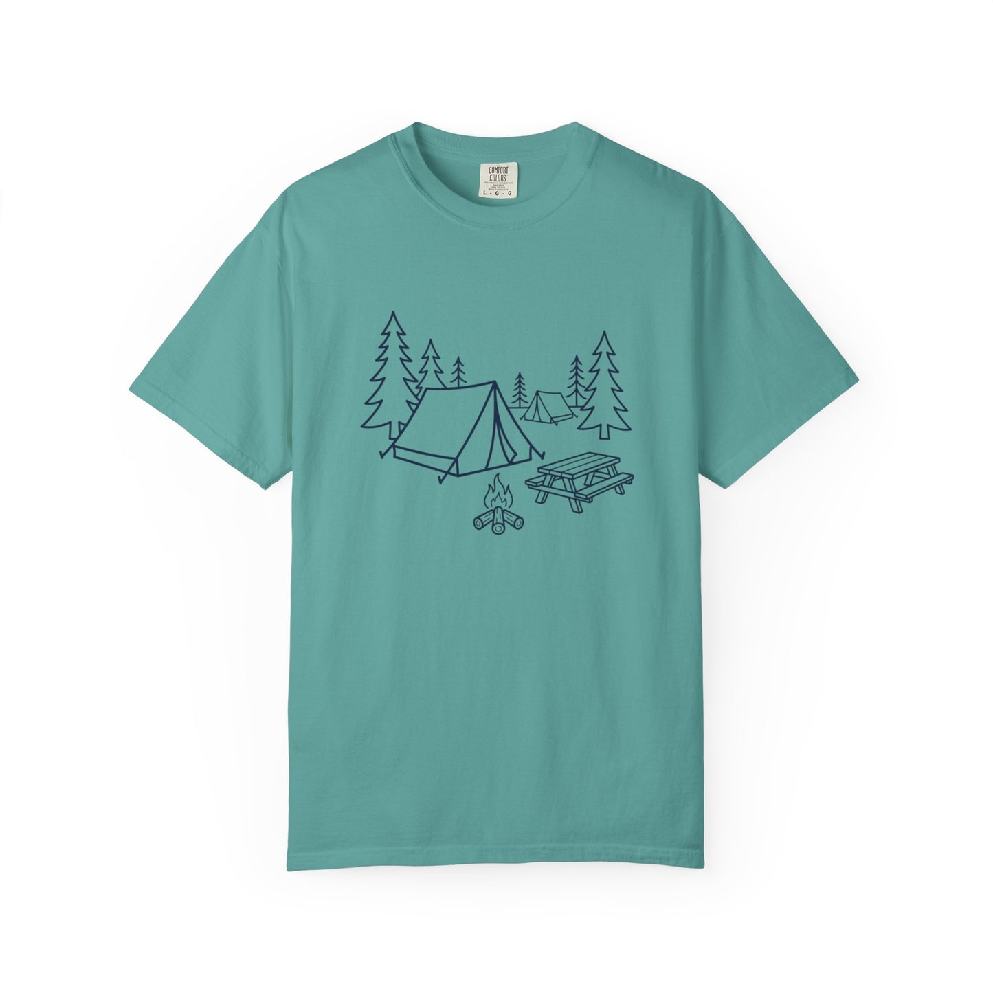 Camping Line Art T-Shirt — Tent, Campfire & Picnic Graphic Tee