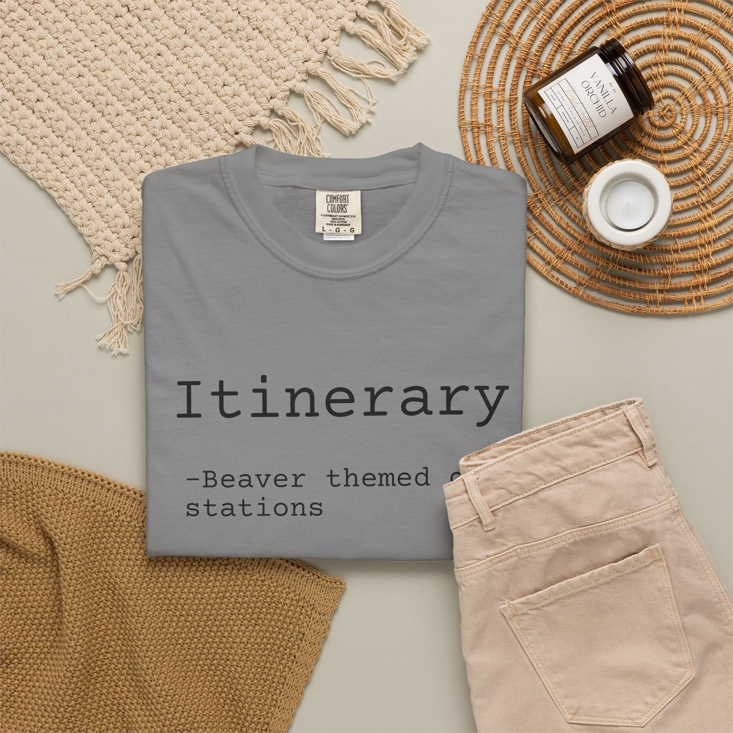 Itinerary Tee — Travel Humor T-Shirt with 'Beaver themed gas stations' List