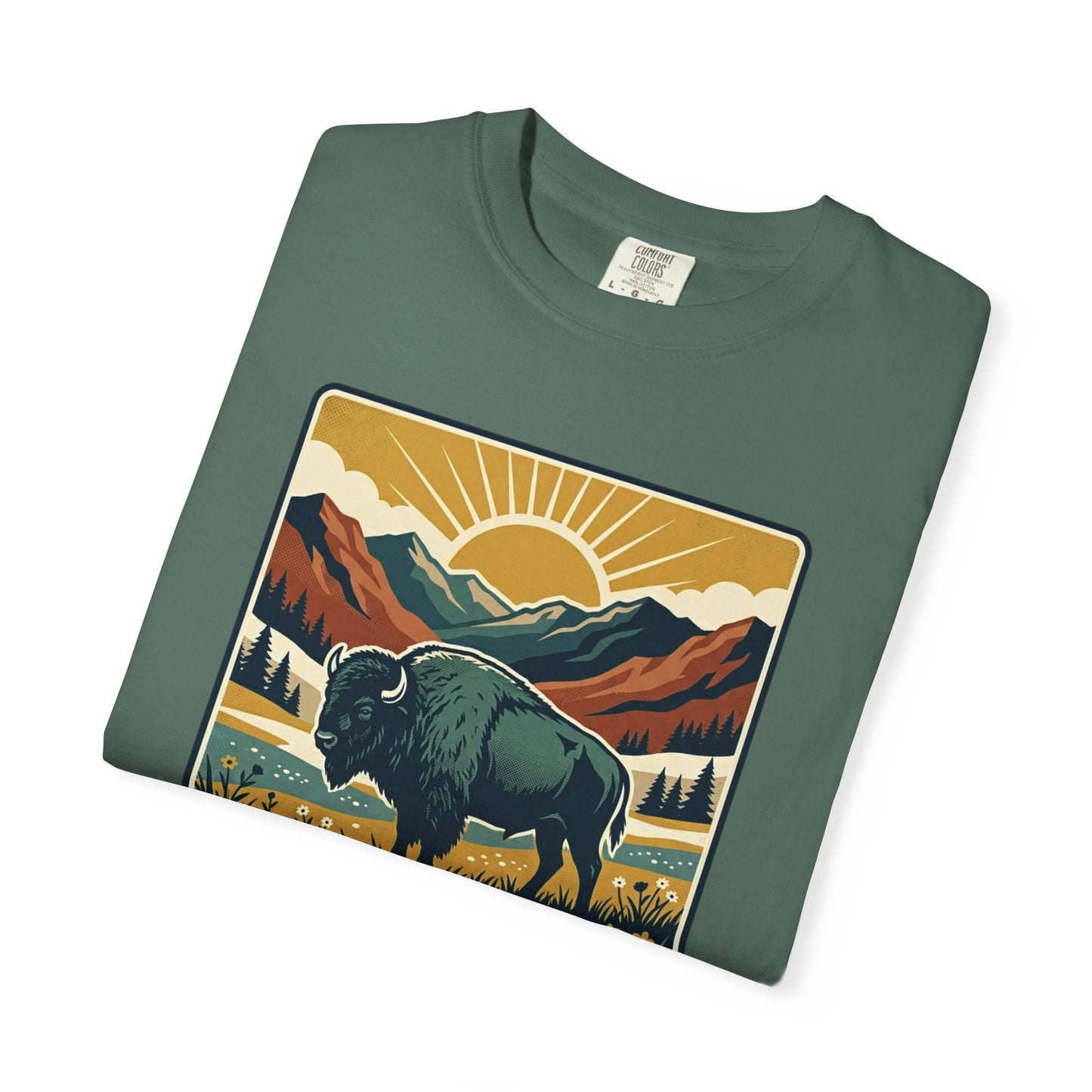 National Parks Buffalo T-Shirt — Retro Mountain Sunset Tee