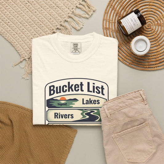Bucket List Outdoors T‑Shirt — Lakes, Rivers, Wildlife, Trees, Festivals & Campsites