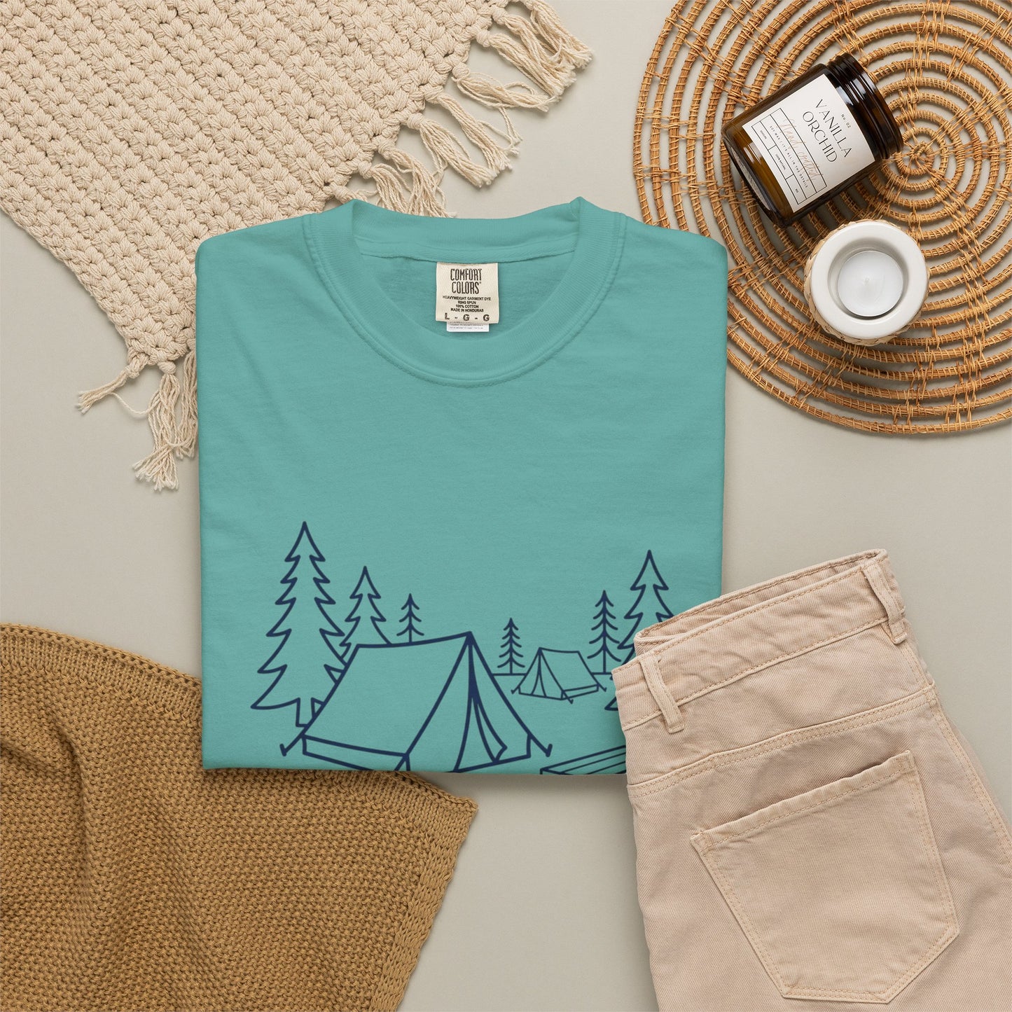 Camping Line Art T-Shirt — Tent, Campfire & Picnic Graphic Tee