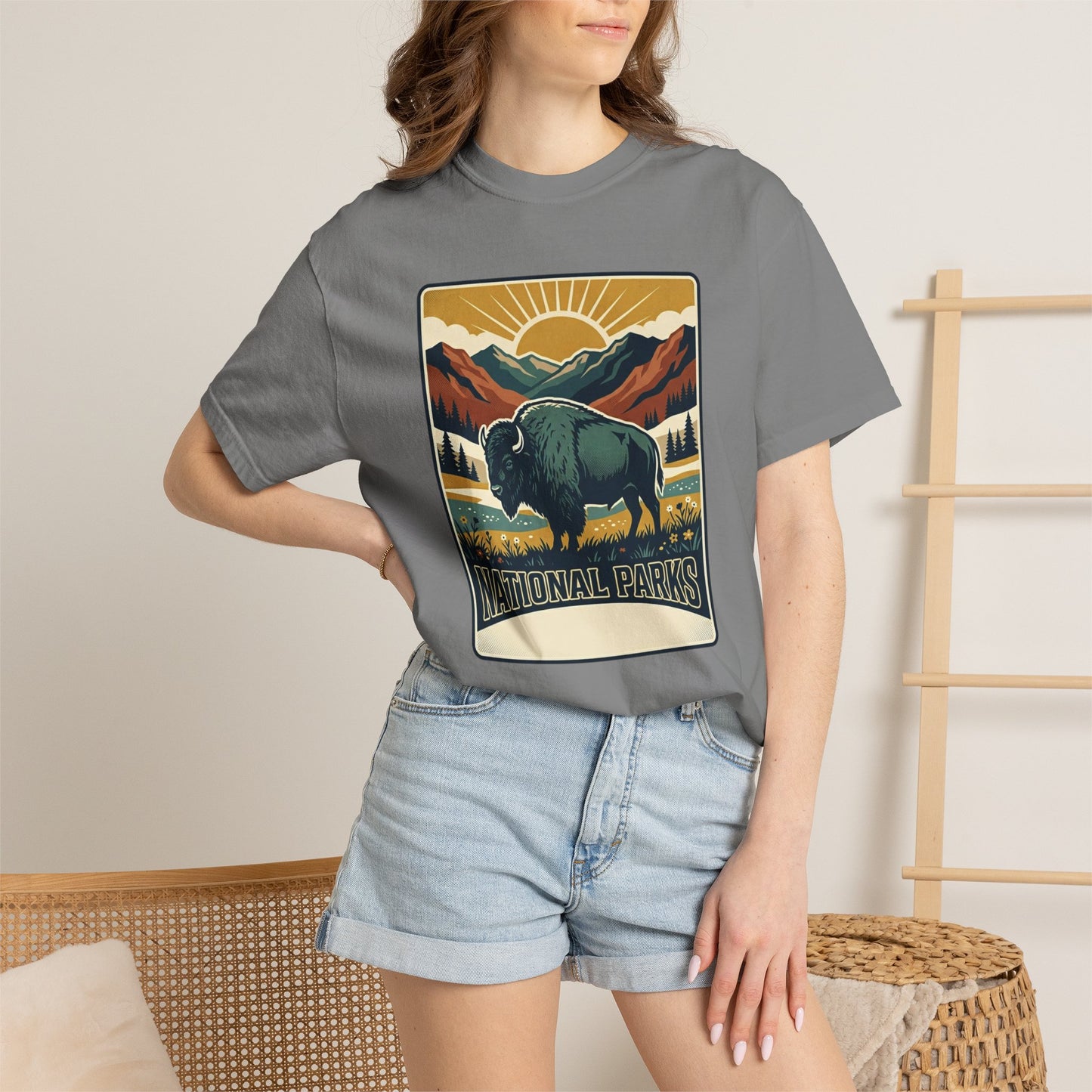 National Parks Buffalo T-Shirt — Retro Mountain Sunset Tee