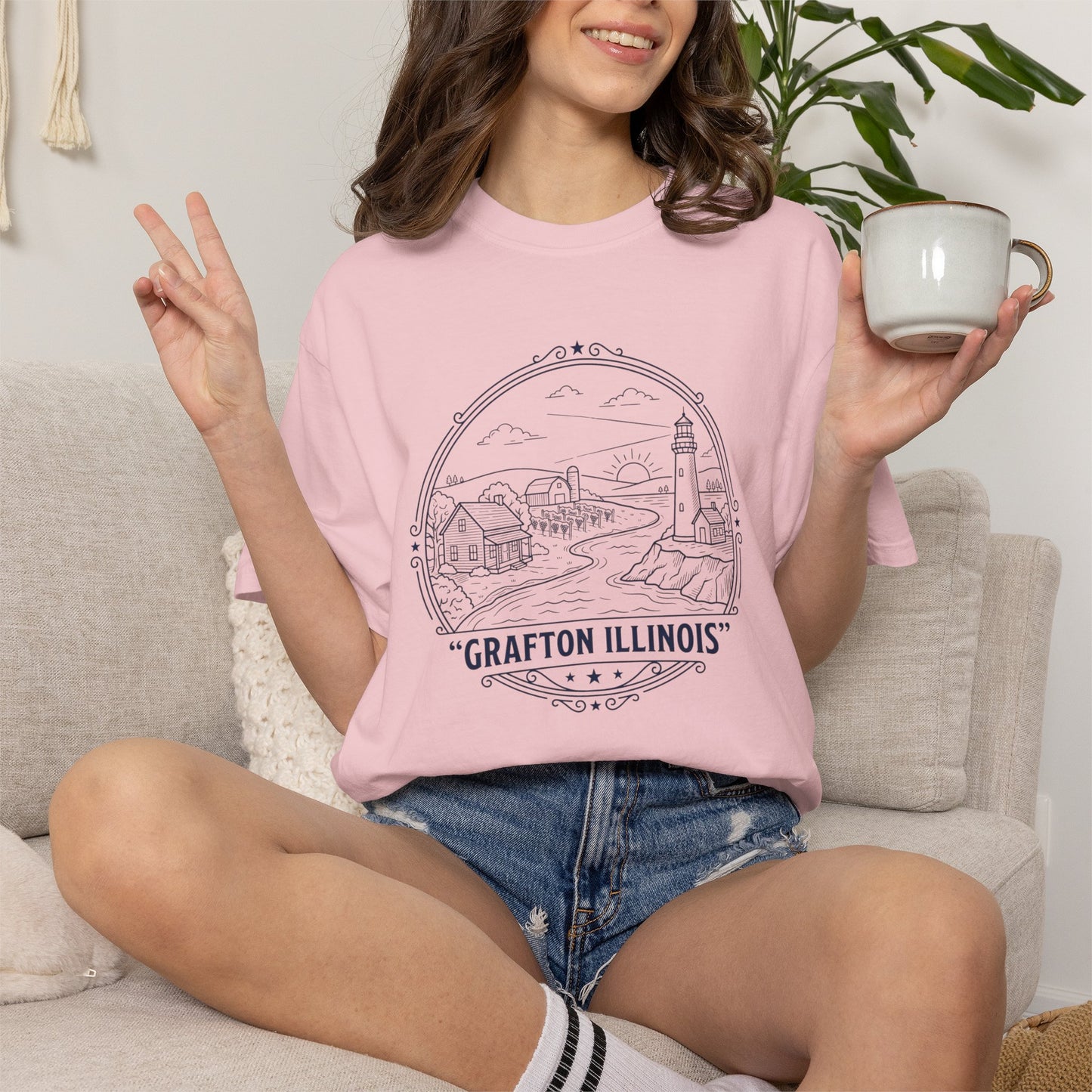 Grafton Illinois Scenic T-Shirt — Vintage Lighthouse River Illustration