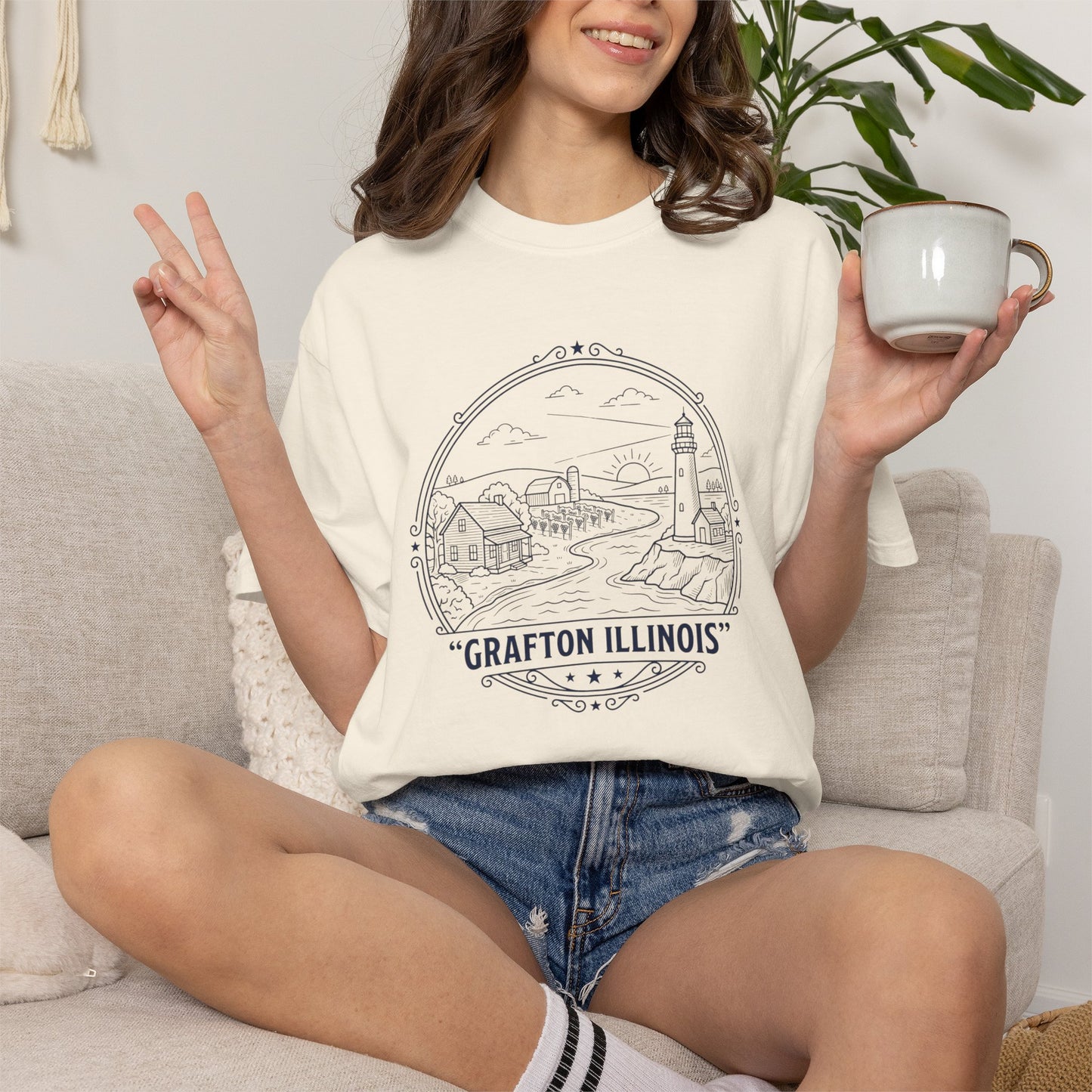Grafton Illinois Scenic T-Shirt — Vintage Lighthouse River Illustration
