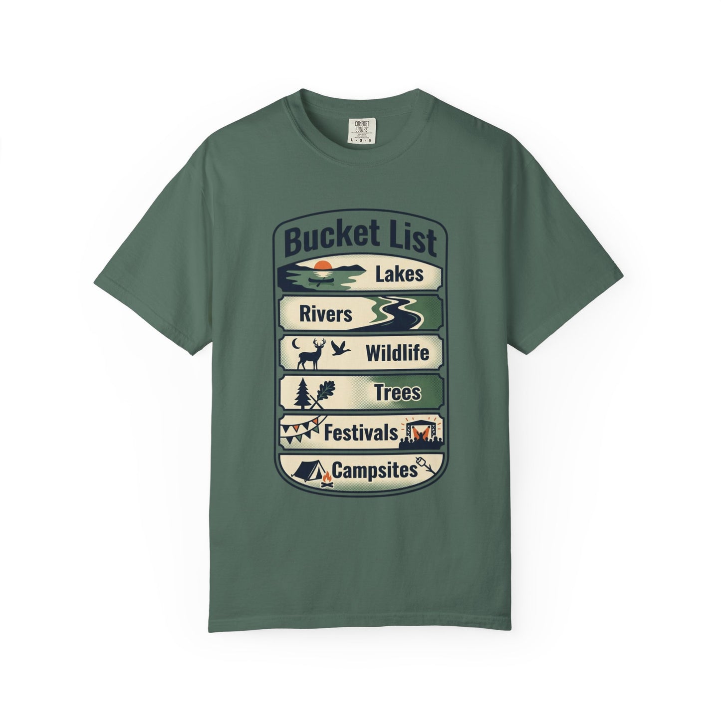 Bucket List Outdoors T‑Shirt — Lakes, Rivers, Wildlife, Trees, Festivals & Campsites