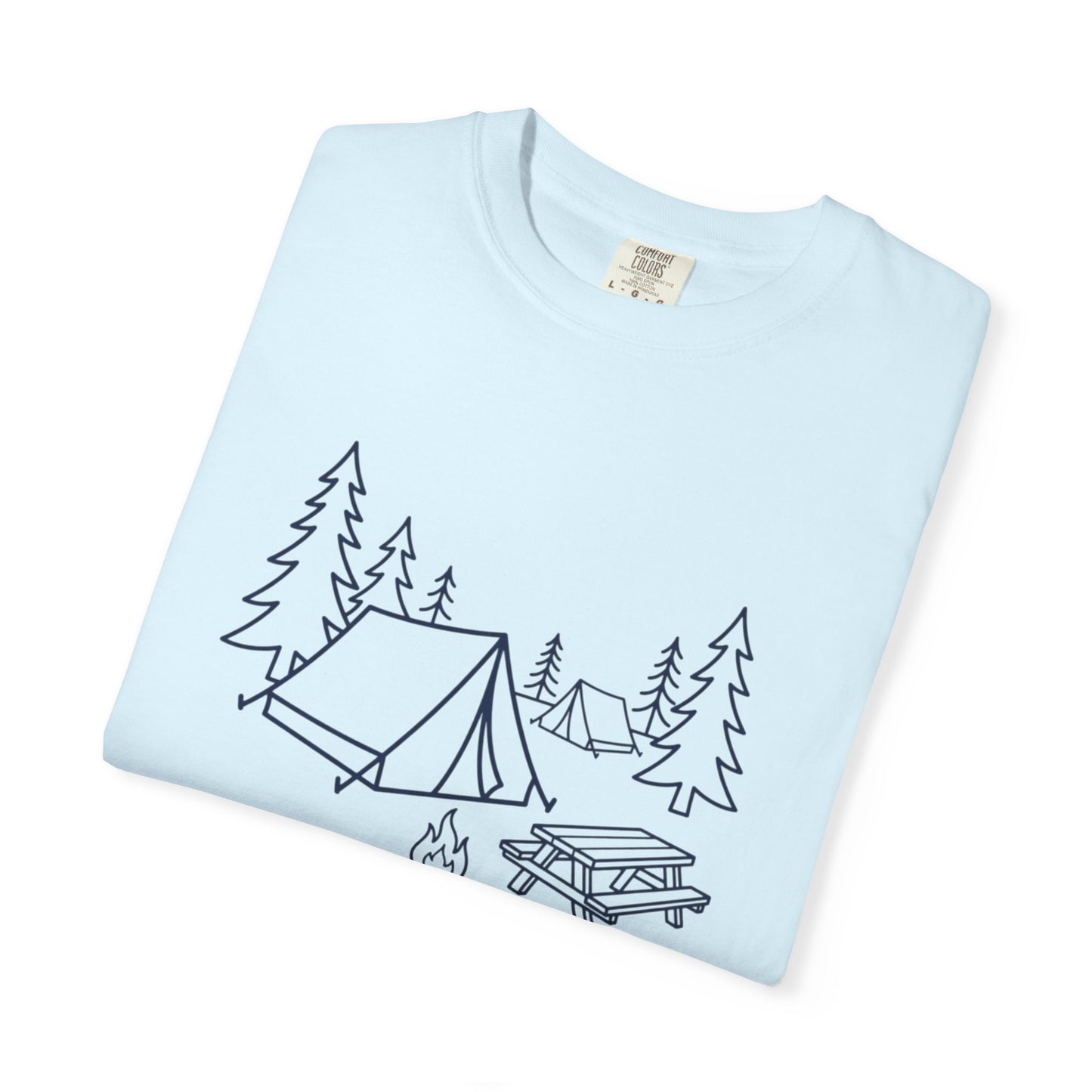 Camping Line Art T-Shirt — Tent, Campfire & Picnic Graphic Tee